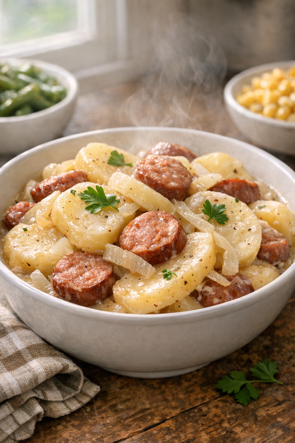 Finished Amish-style slow cooker potato and sausage supper