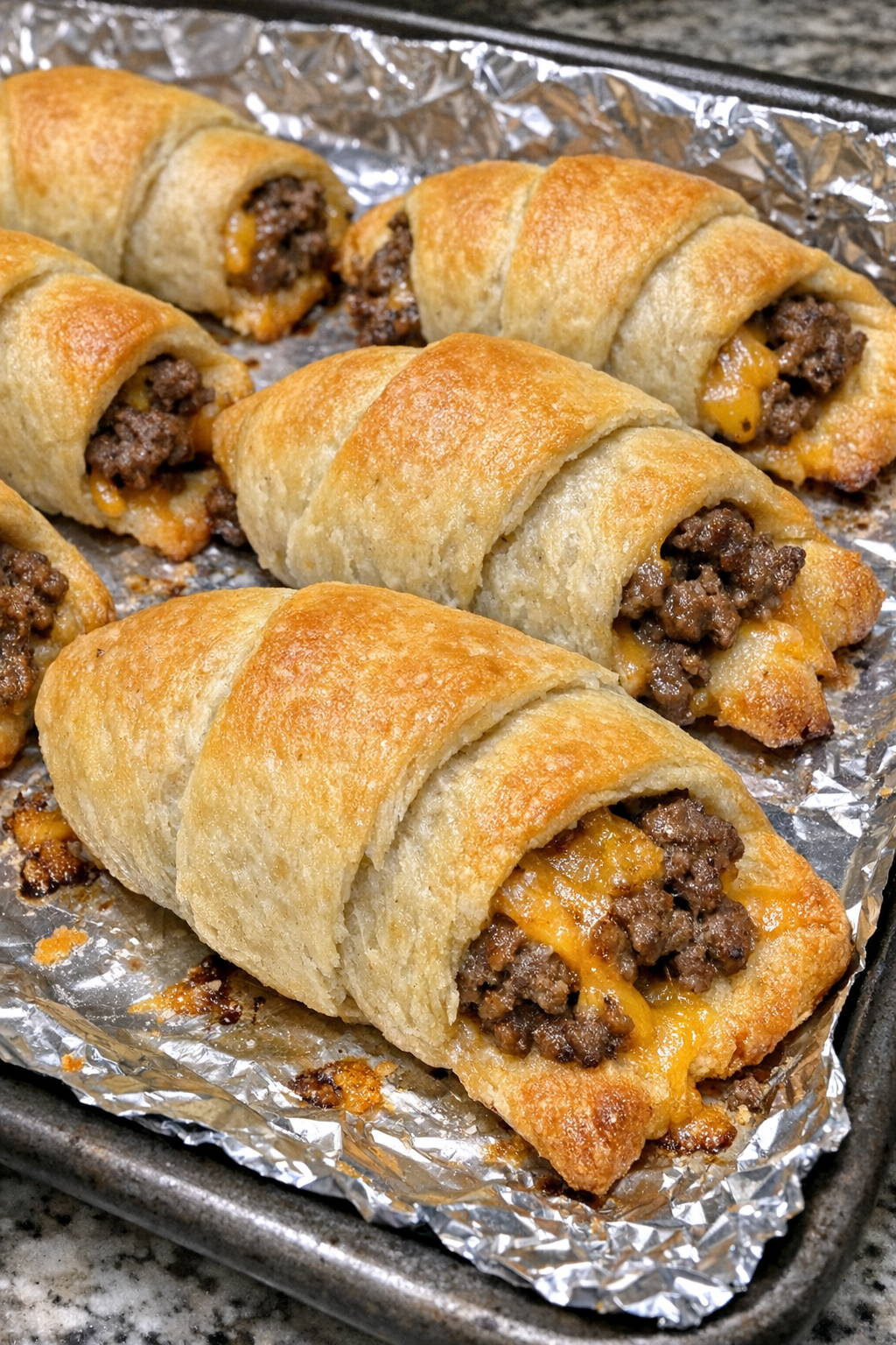 Oven baked beef crescent roll-ups on a foil-lined baking sheet