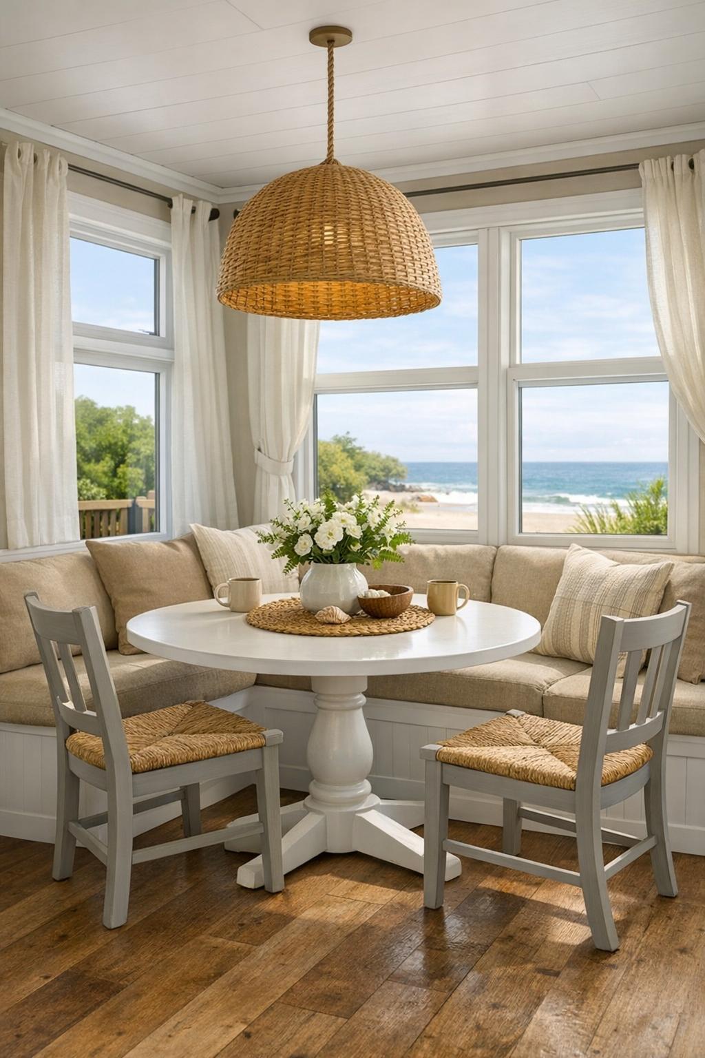 Coastal dining nook with round pedestal table and soft natural textures