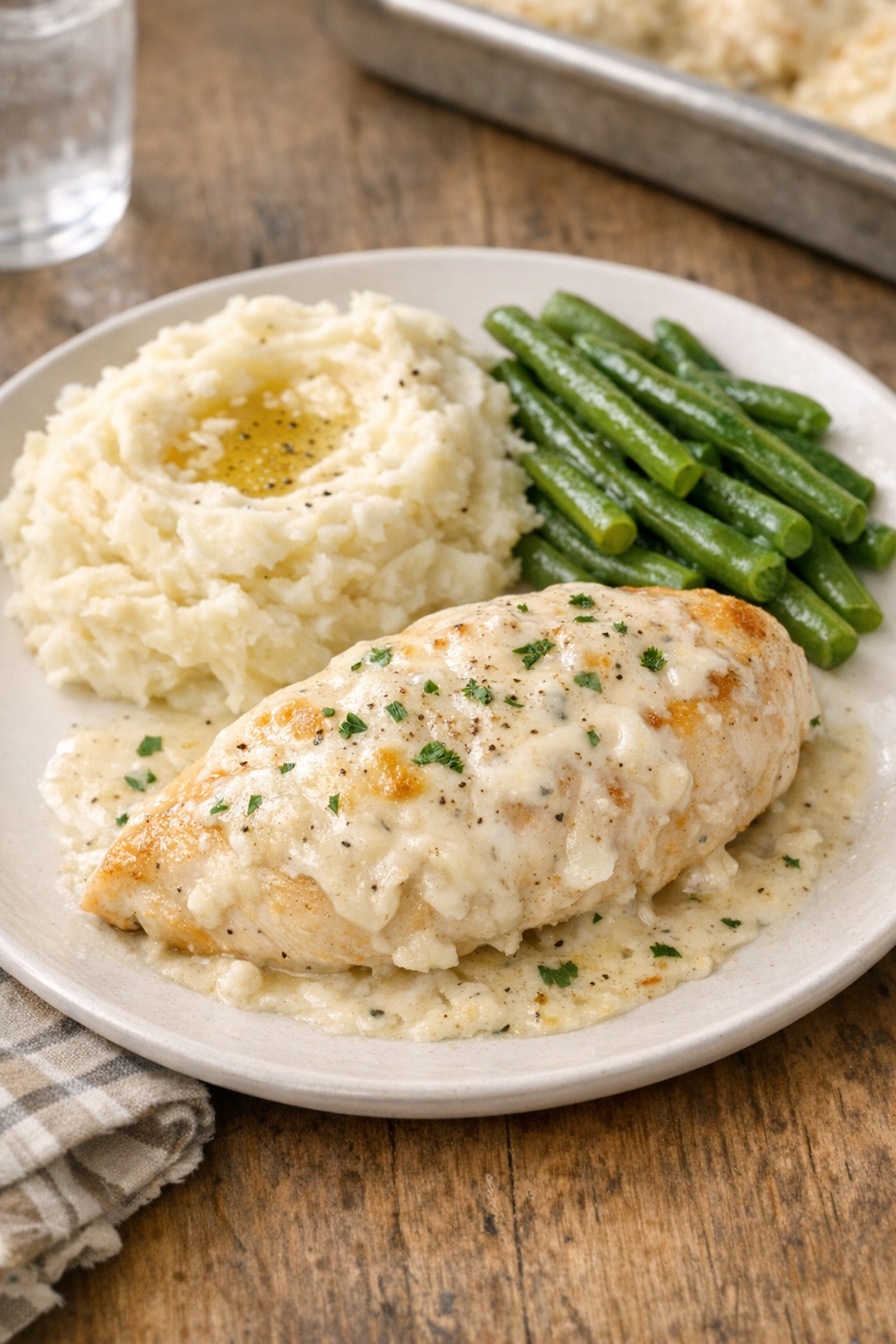 Baked creamy chicken breasts on a sheet pan