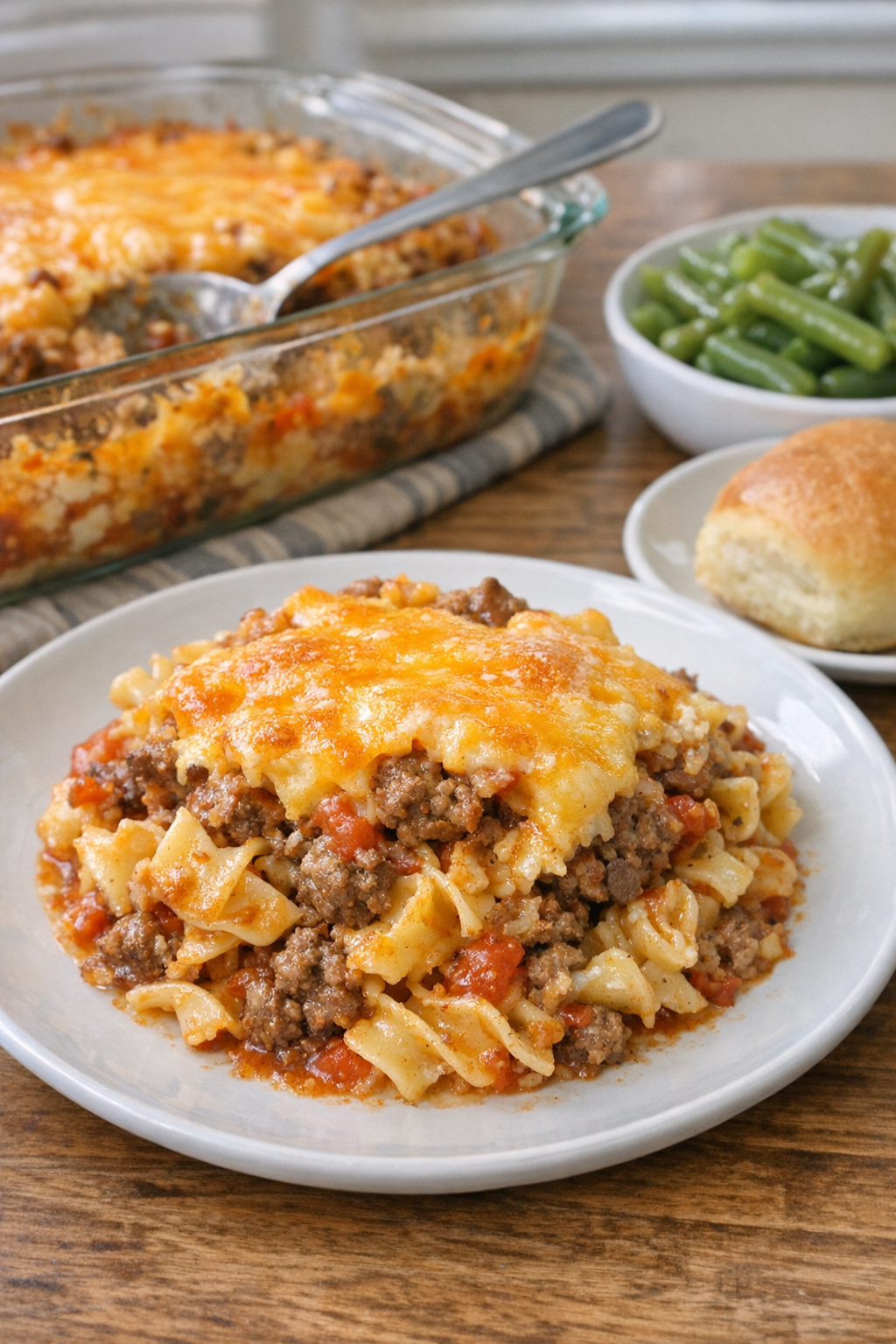 Finished Amish yummasetti casserole plated for serving