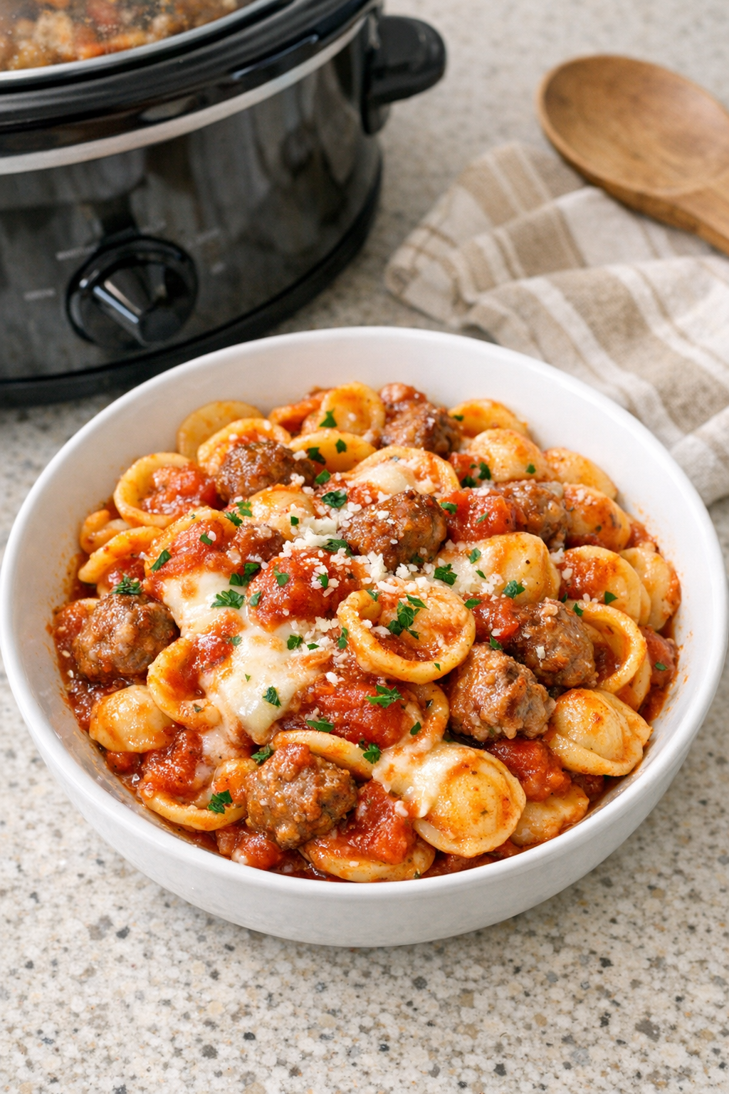 Finished slow cooker orecchiette in a serving bowl