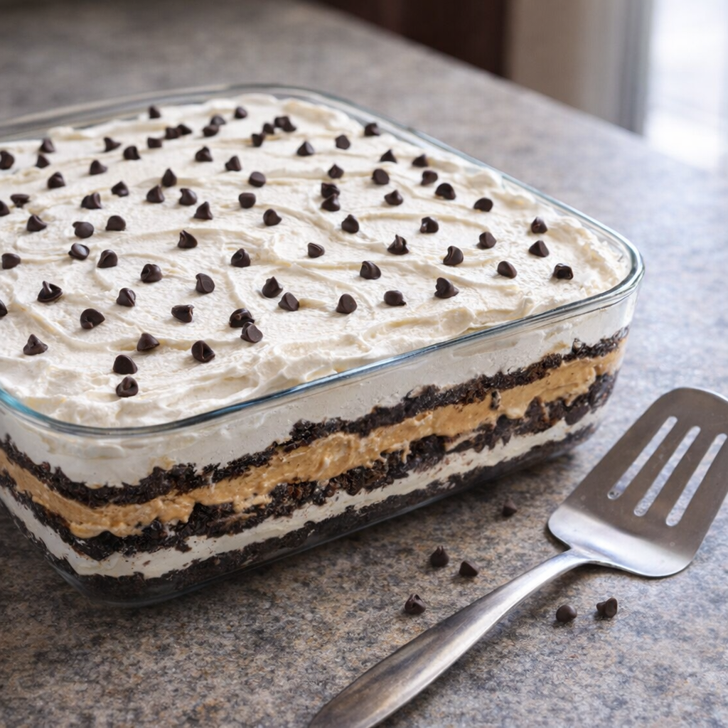 Finished dessert topped with whipped topping and mini chocolate chips