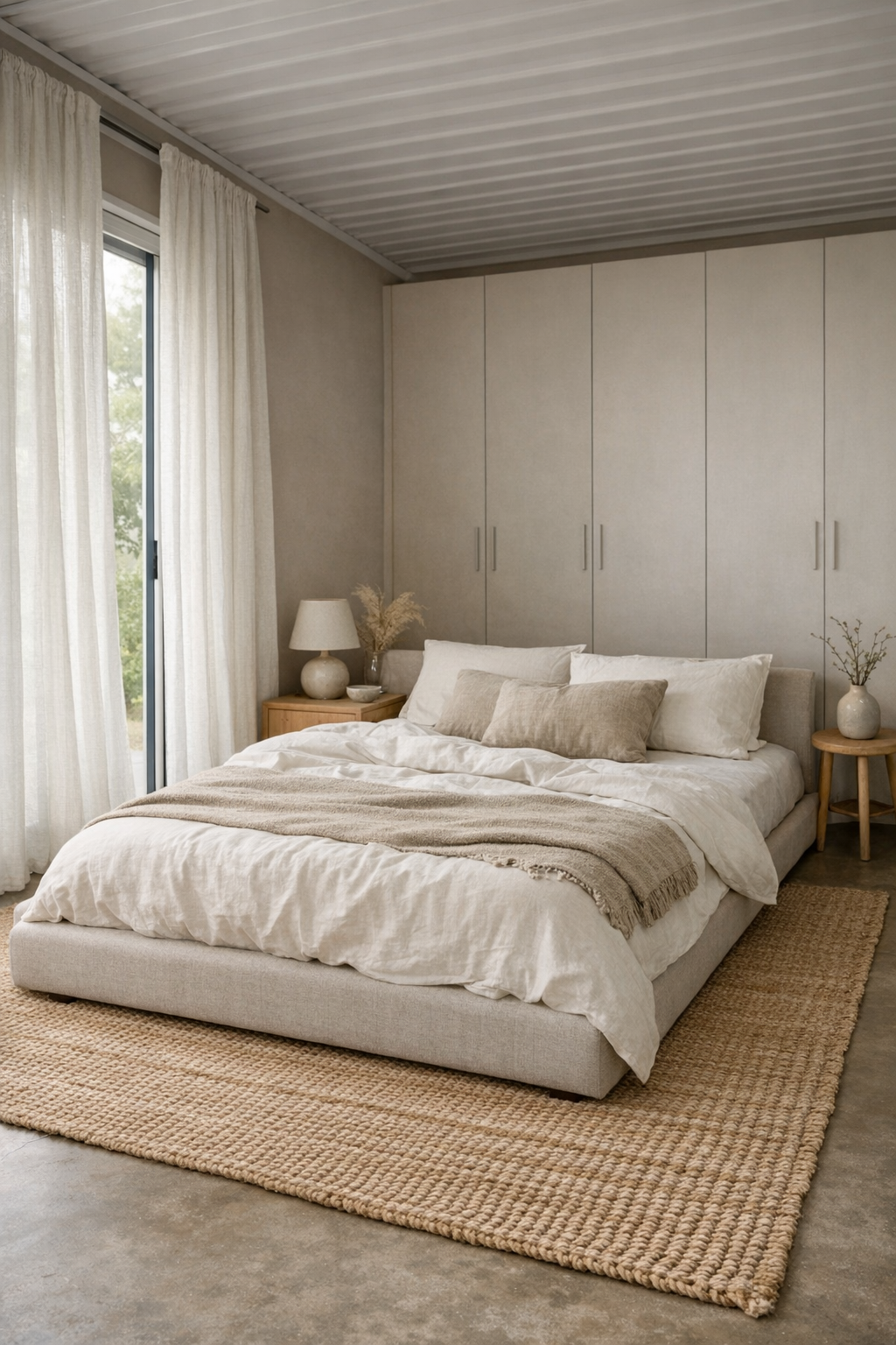 Soft neutral bedroom with upholstered bed, linen drapery, and built-in storage