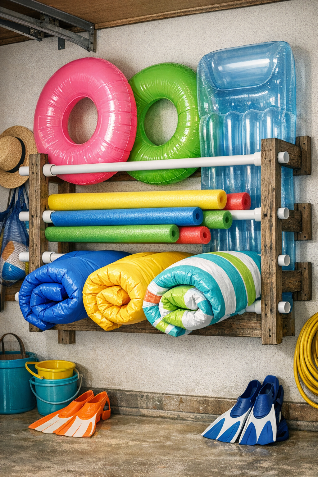 Finished pool float organizer mounted on a garage wall