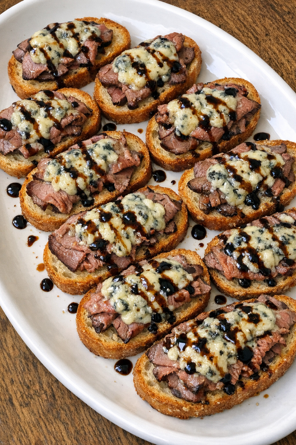Finished beef blue cheese crostini platter