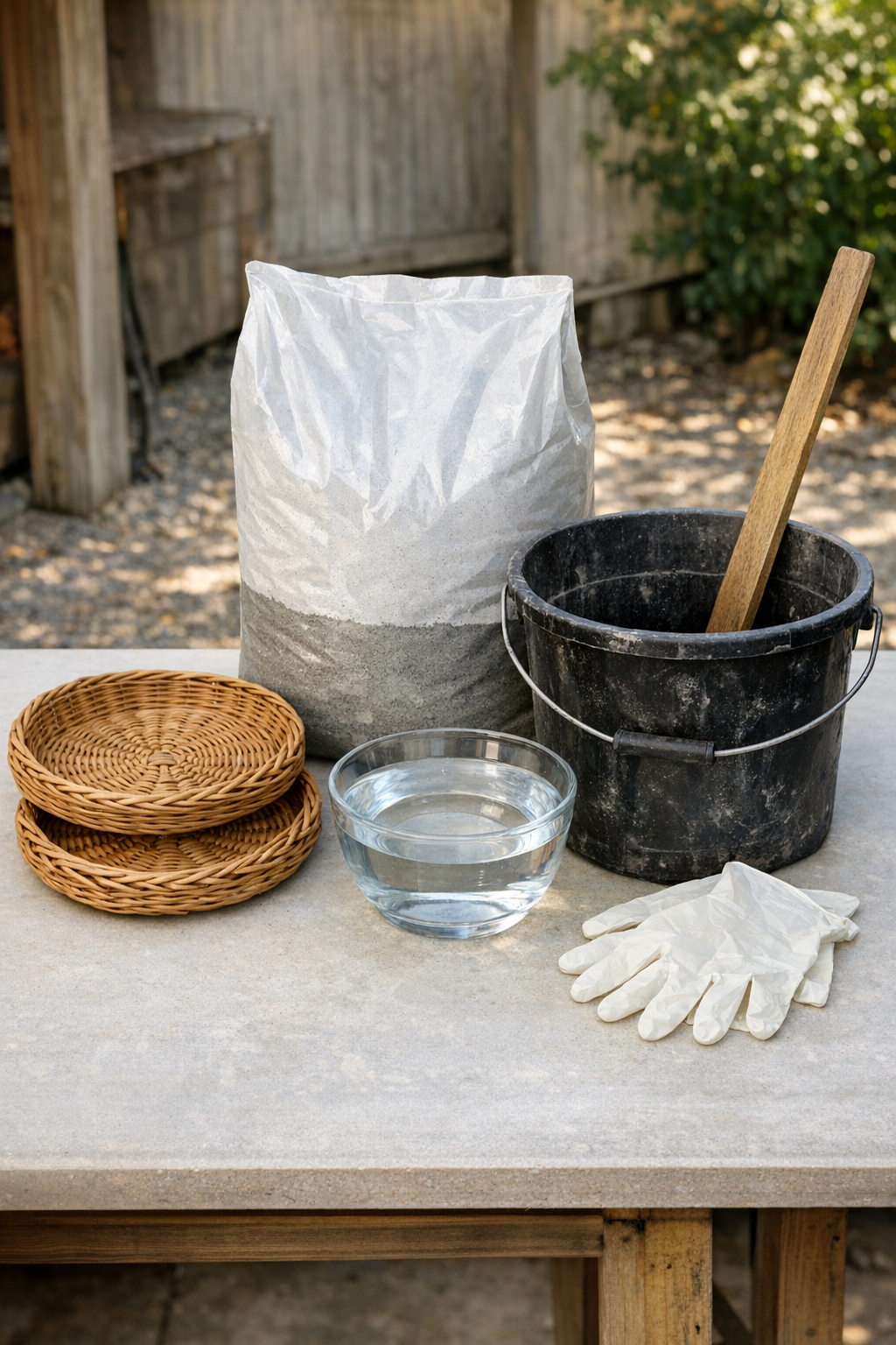 Wicker plate holders, dry cement mix, water, and basic mixing supplies laid out on a work surface