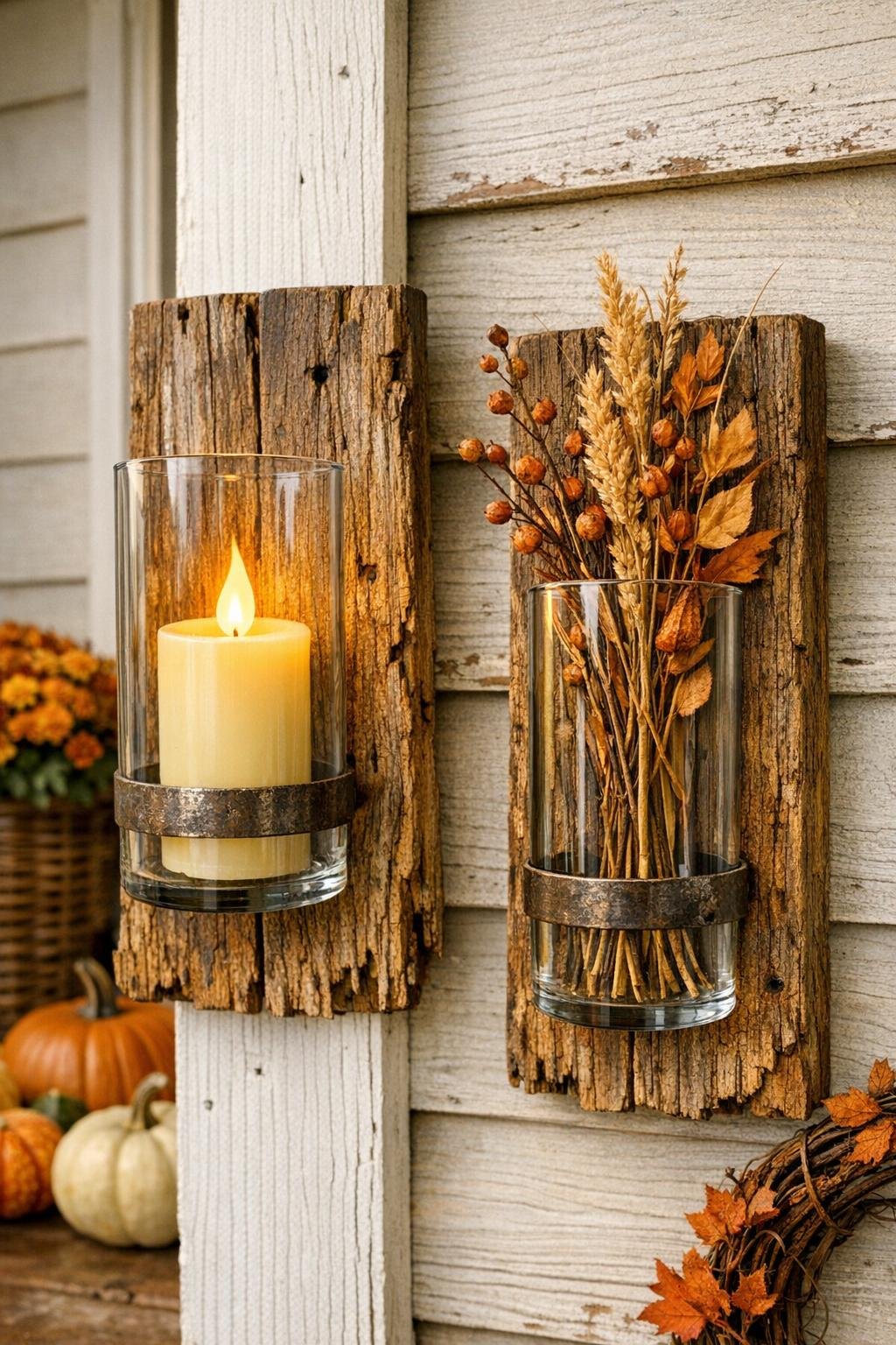 Finished rustic barn wood wall sconces for a fall porch
