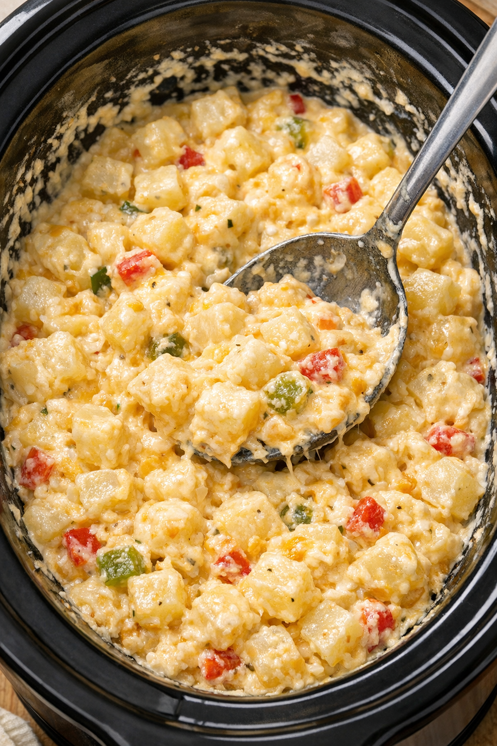 Potatoes coated with creamy cheese mixture in slow cooker