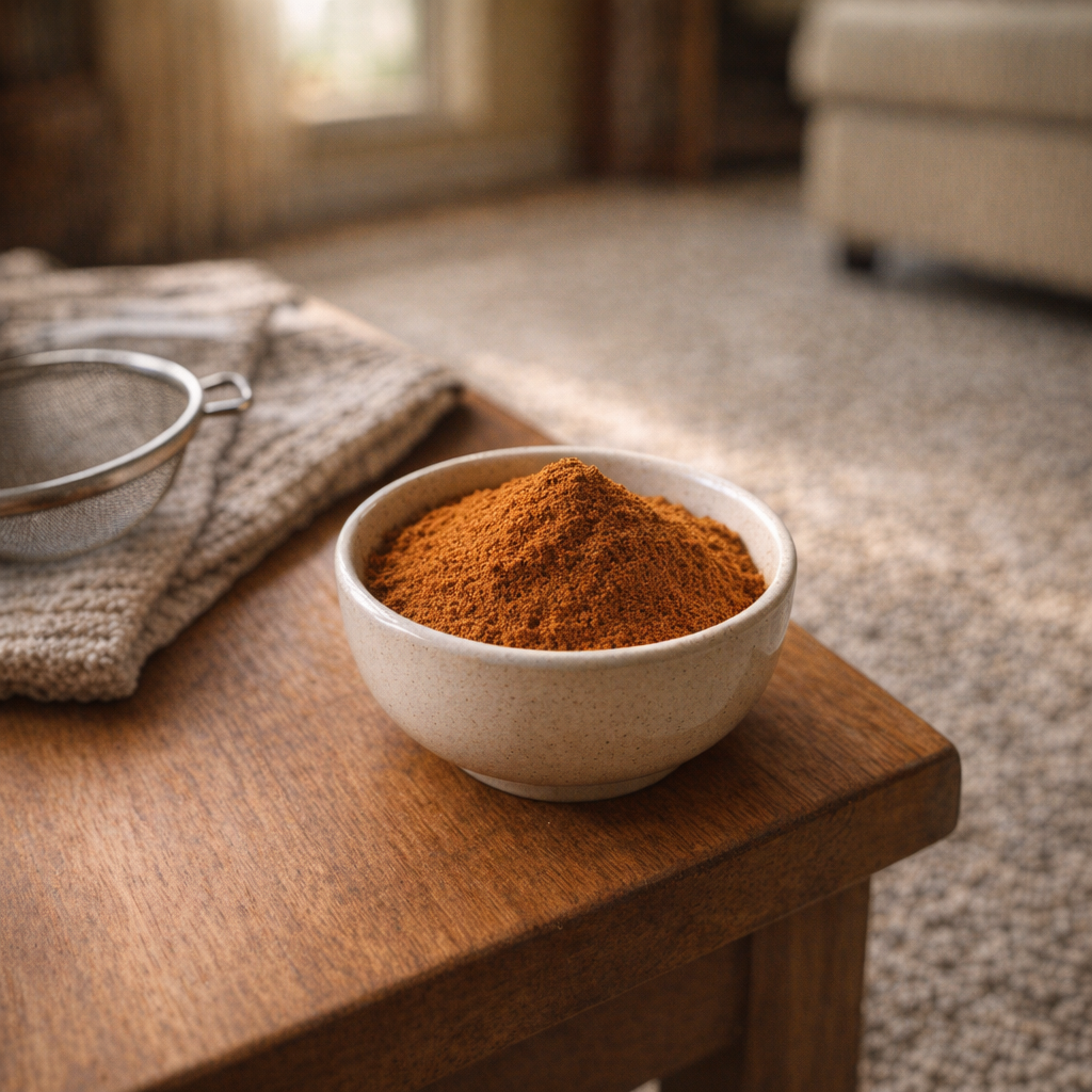 Ground cinnamon in a small bowl beside a living room rug