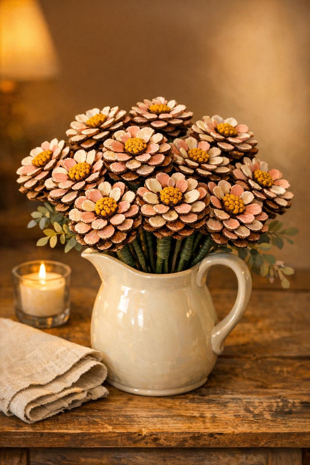 Finished pinecone flower stems arranged in a vase on a table