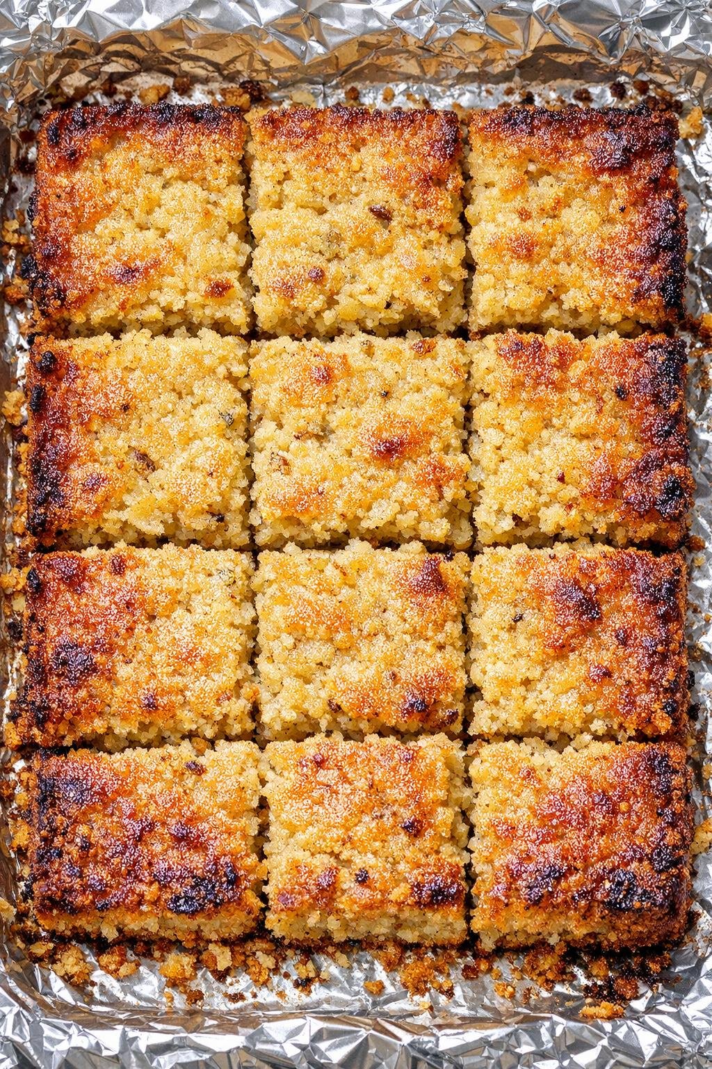 Southern buttery dressing squares on a foil-lined baking tray