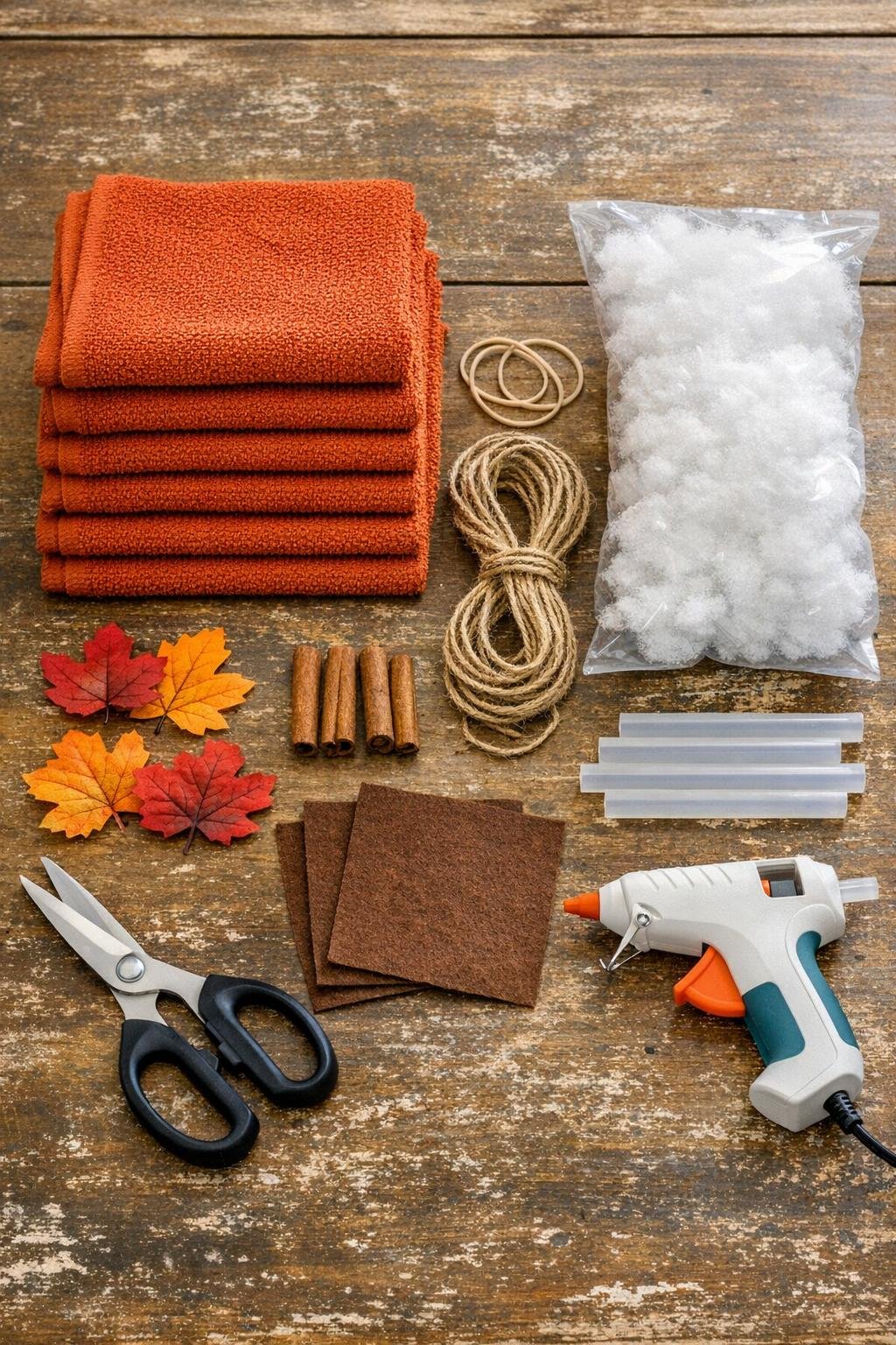 Materials for making a washcloth pumpkin trio laid out on a table