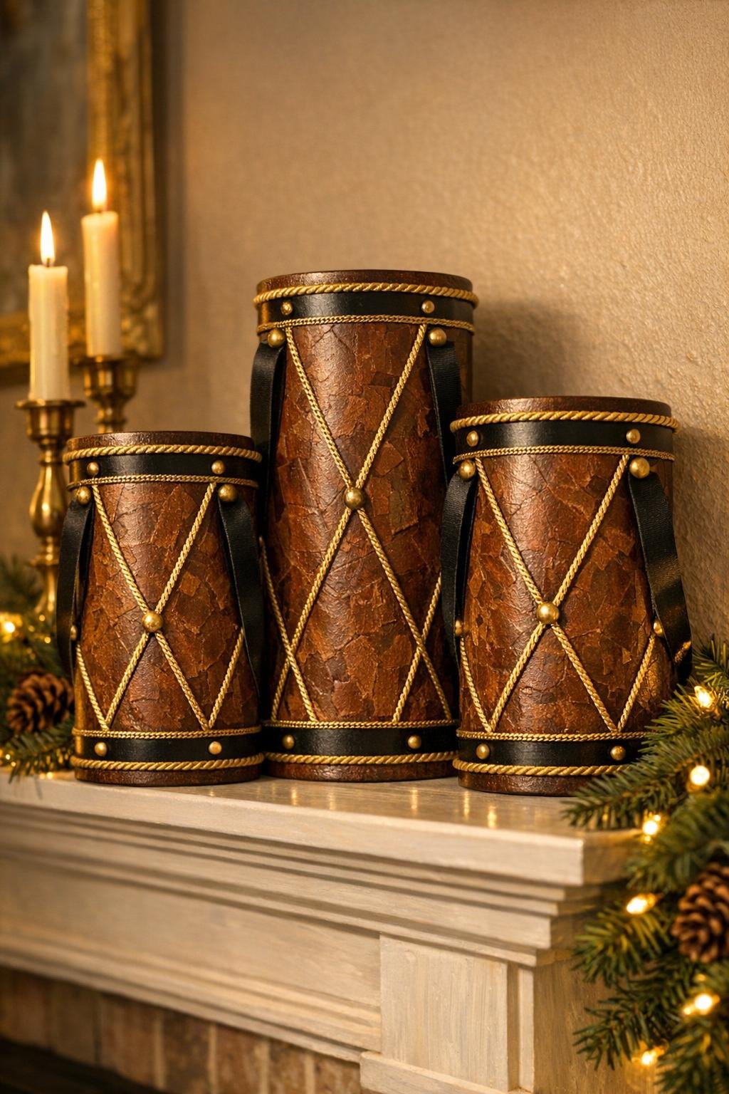 Finished leather-look decorative nutcracker-style drums made from oatmeal canisters