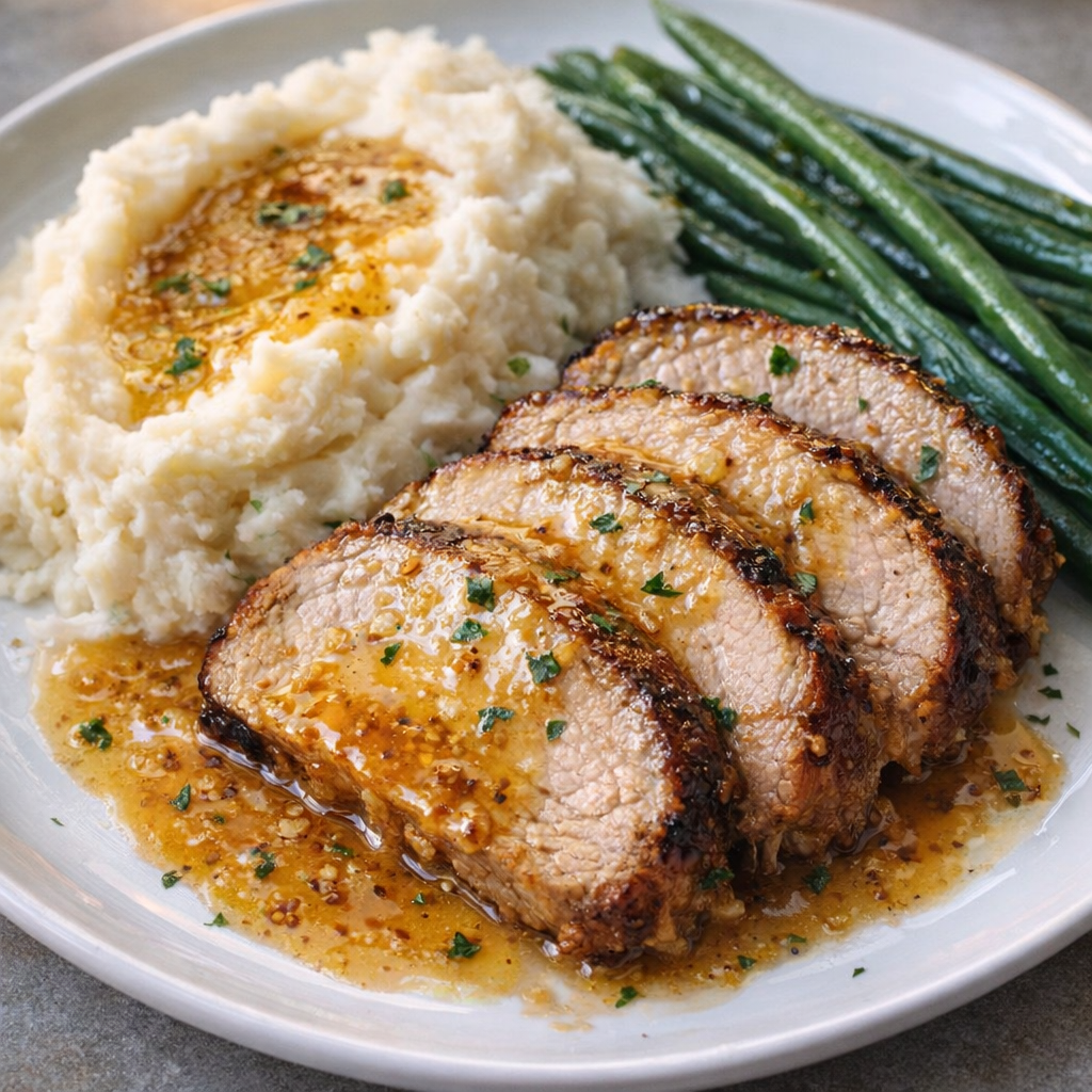 Sliced honey mustard pork served with mashed potatoes
