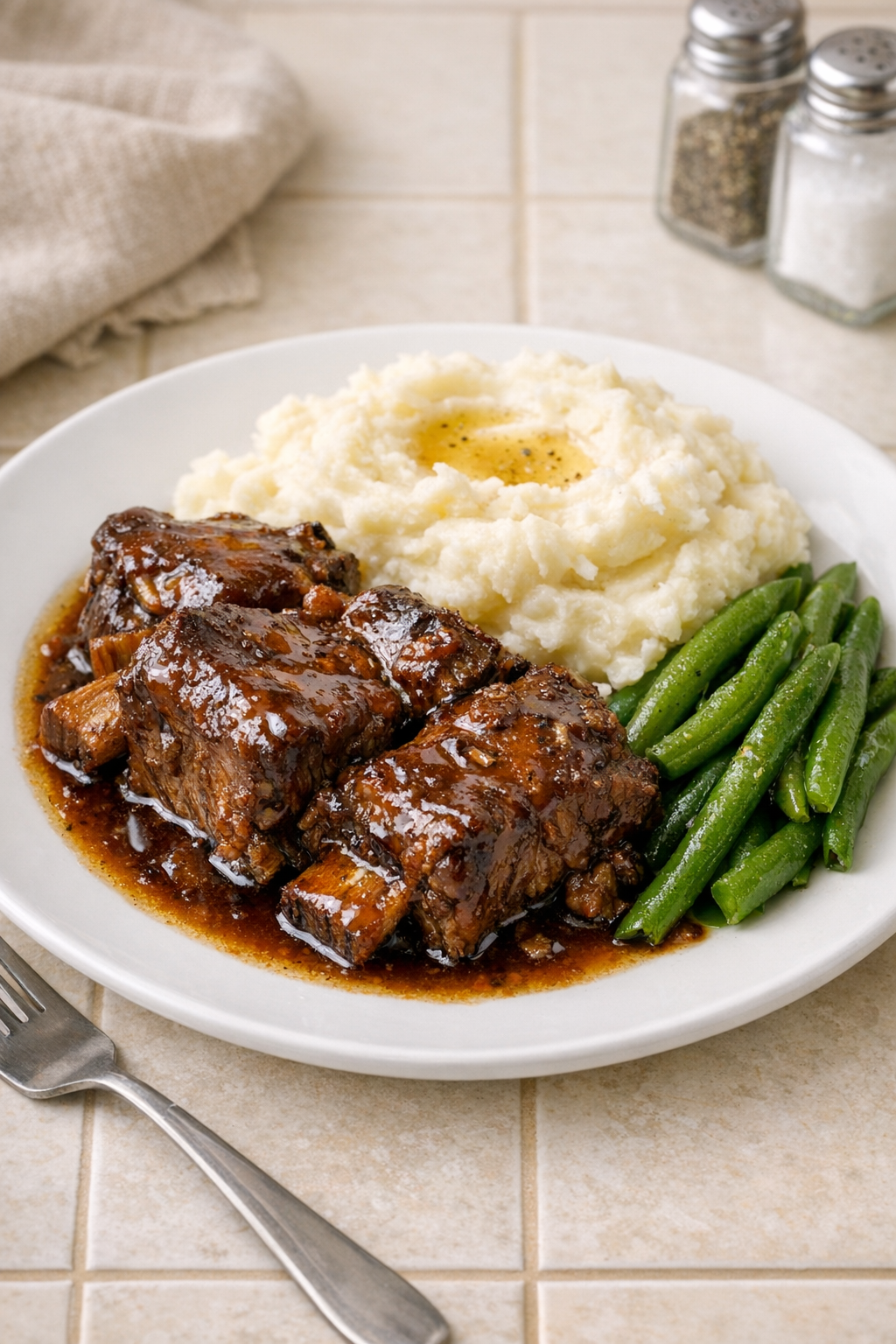 Finished maple beef short ribs plated with glossy sauce