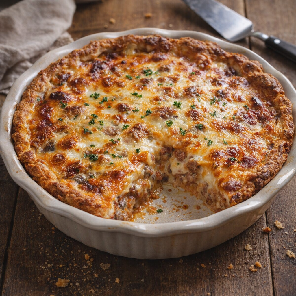 Freshly baked sausage pie on a kitchen table