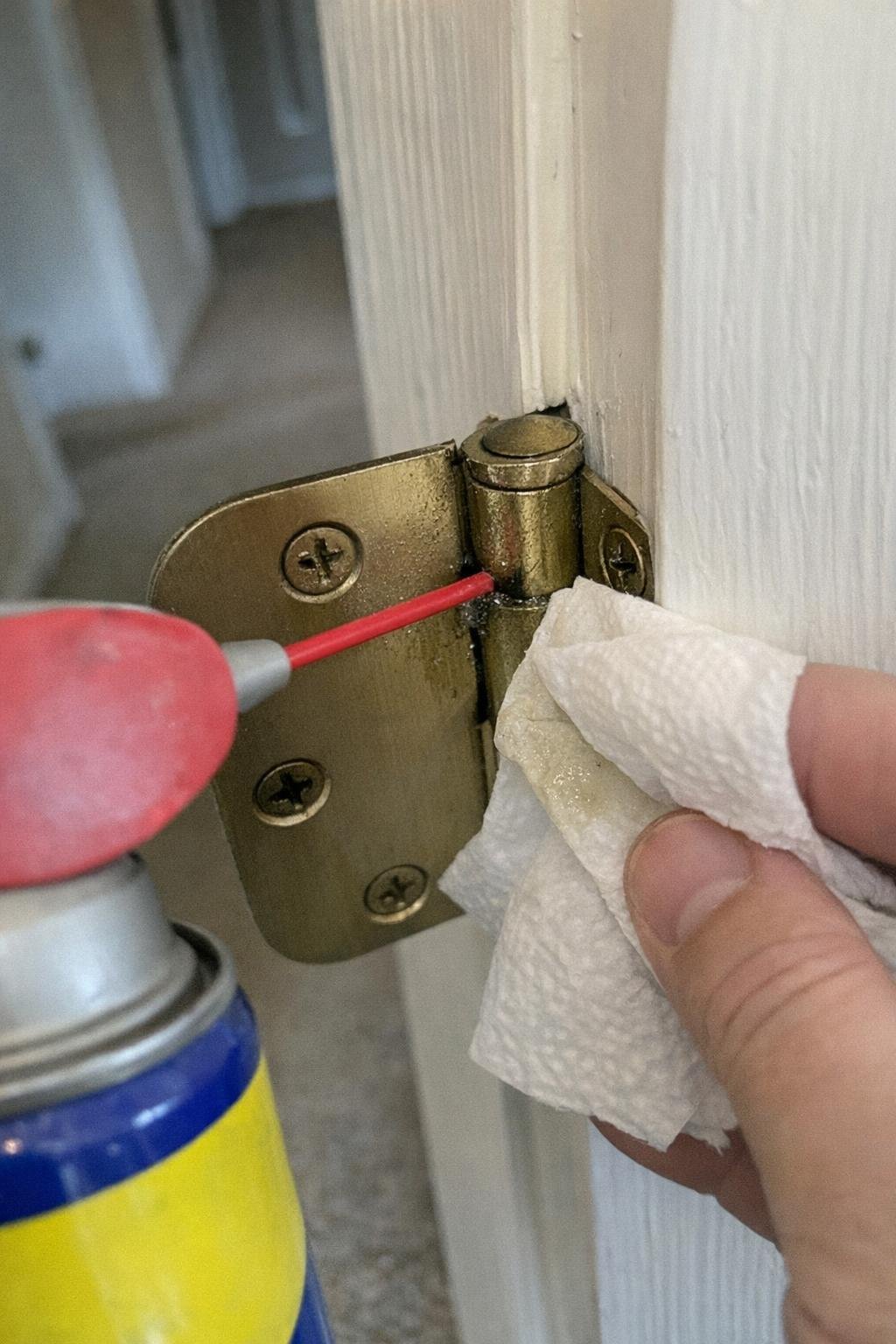WD-40 applied to a squeaky door hinge pin