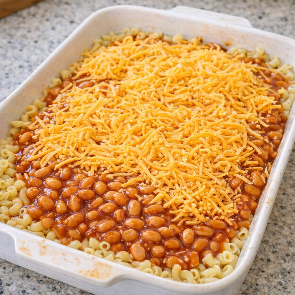 Layered macaroni, baked beans, and cheddar before baking