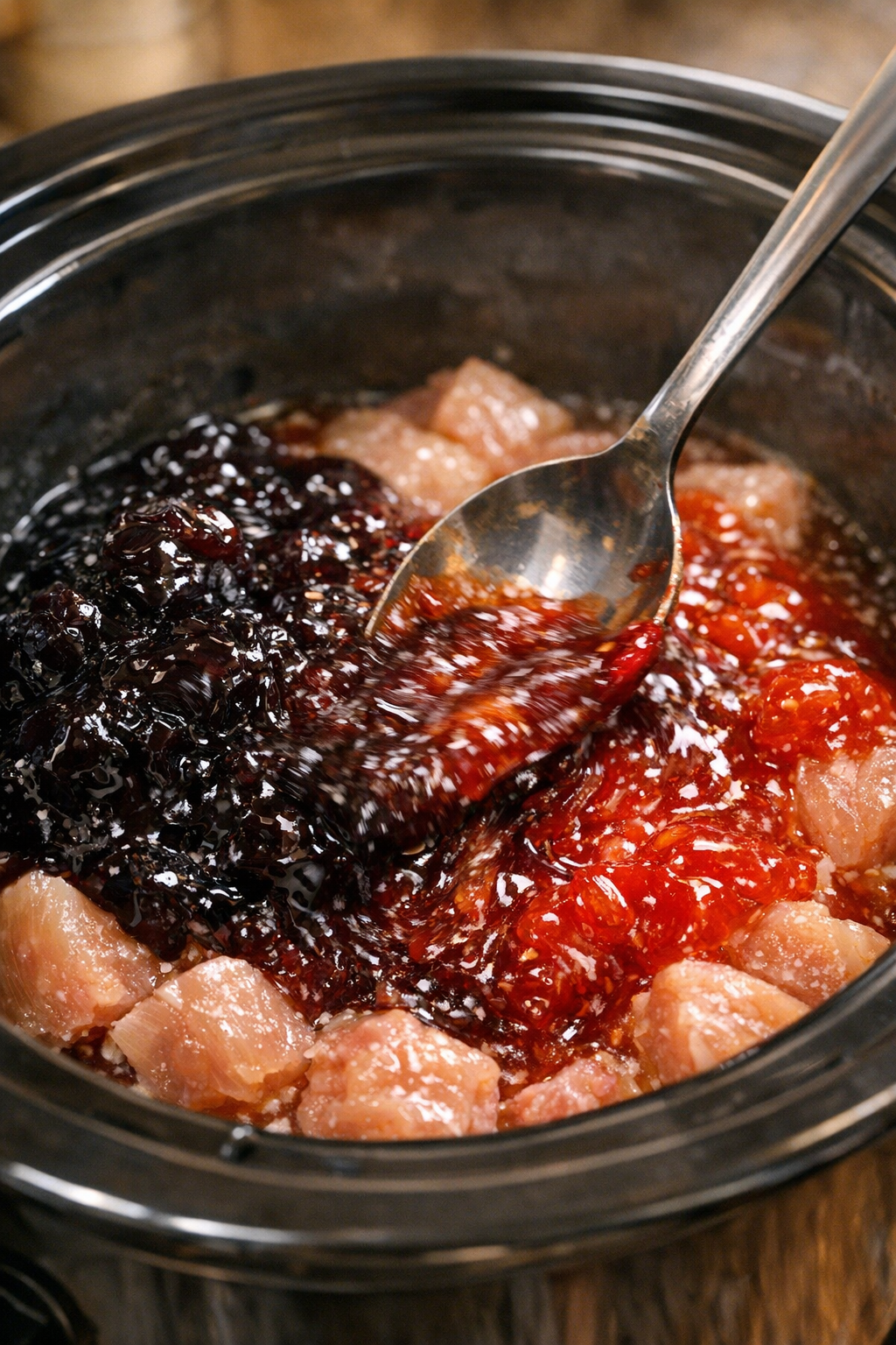 Sauce and jelly being stirred over the protein chunks