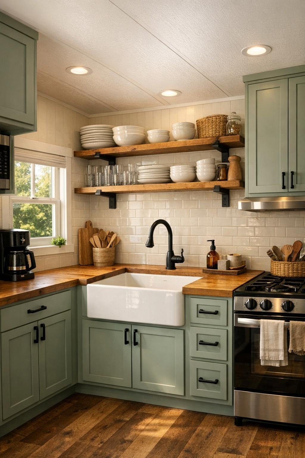Compact sage-green kitchen with butcher-block counters and bright window light