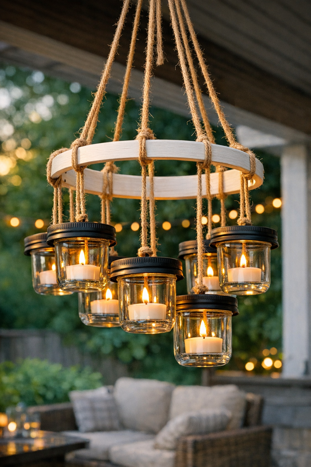 Finished outdoor candle chandelier hanging on a patio
