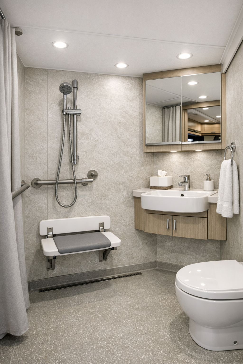 Accessible RV bathroom with barrier-free shower, compact vanity, and stone-look finishes