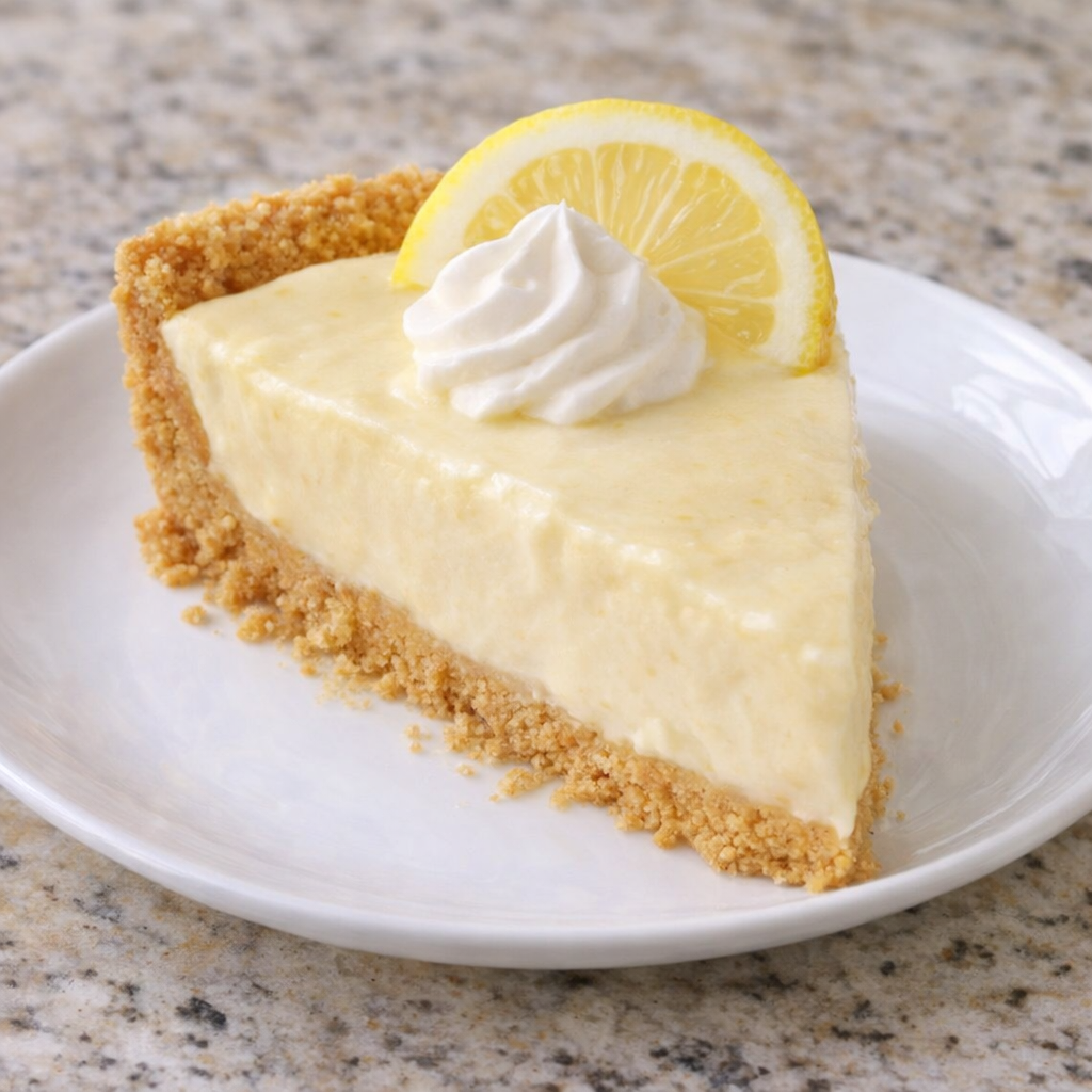 Slice of creamy lemonade pie served cold on a dessert plate