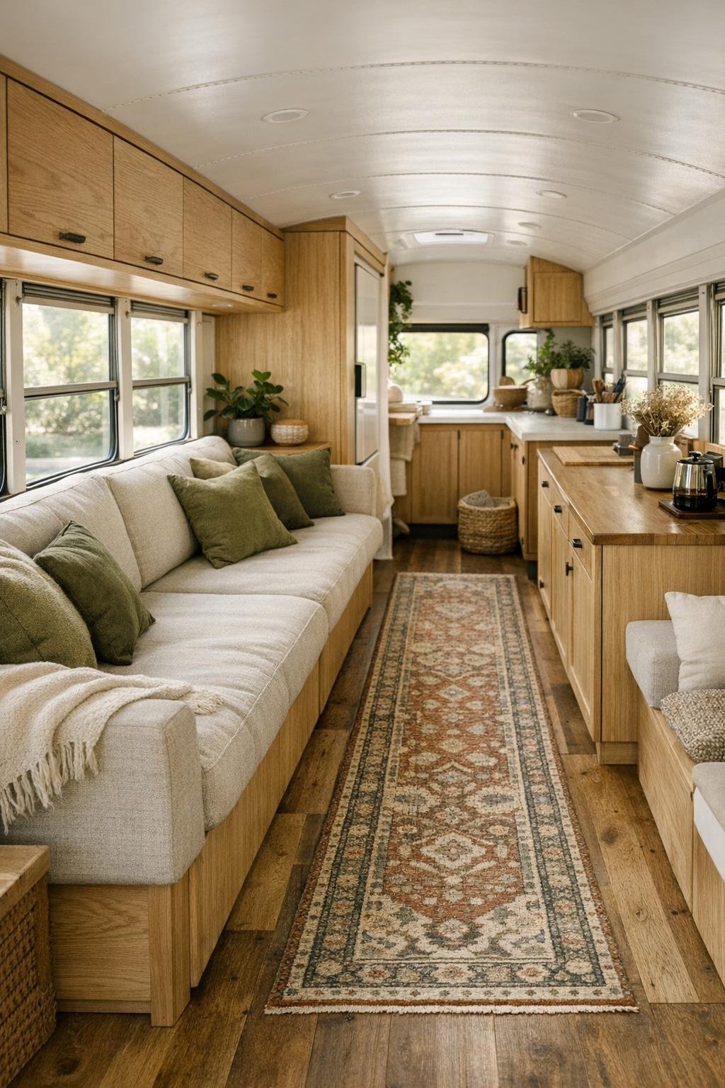 Cozy converted bus living room with built-in bench seating and warm wood cabinetry