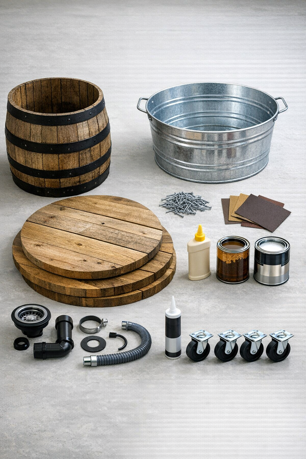 Materials for building a wooden barrel drink station with a galvanized tub
