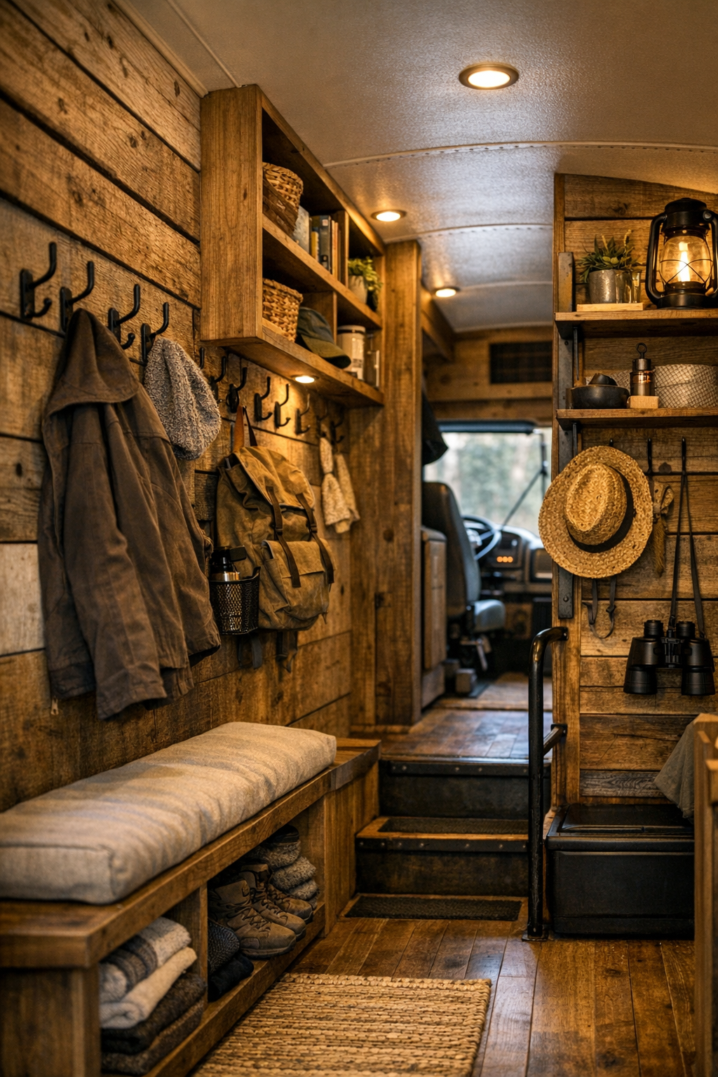 Smart storage corridor and multifunctional nook inside the converted bus