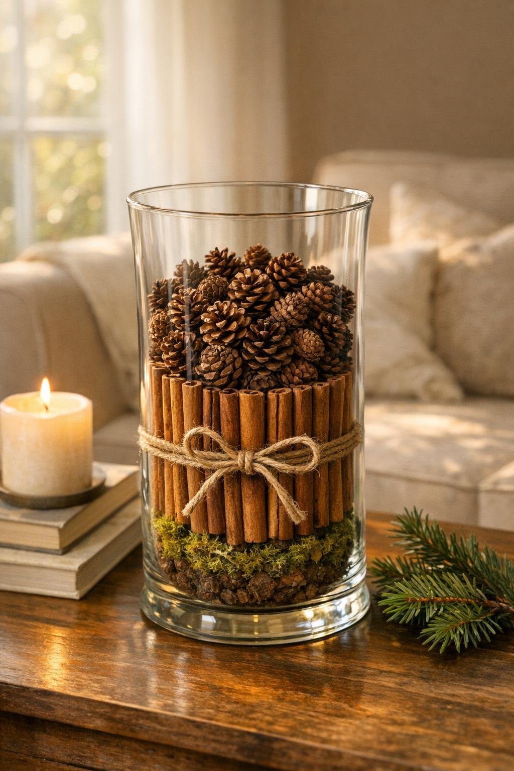 Finished pinecone and cinnamon stick hurricane vase display in a living room