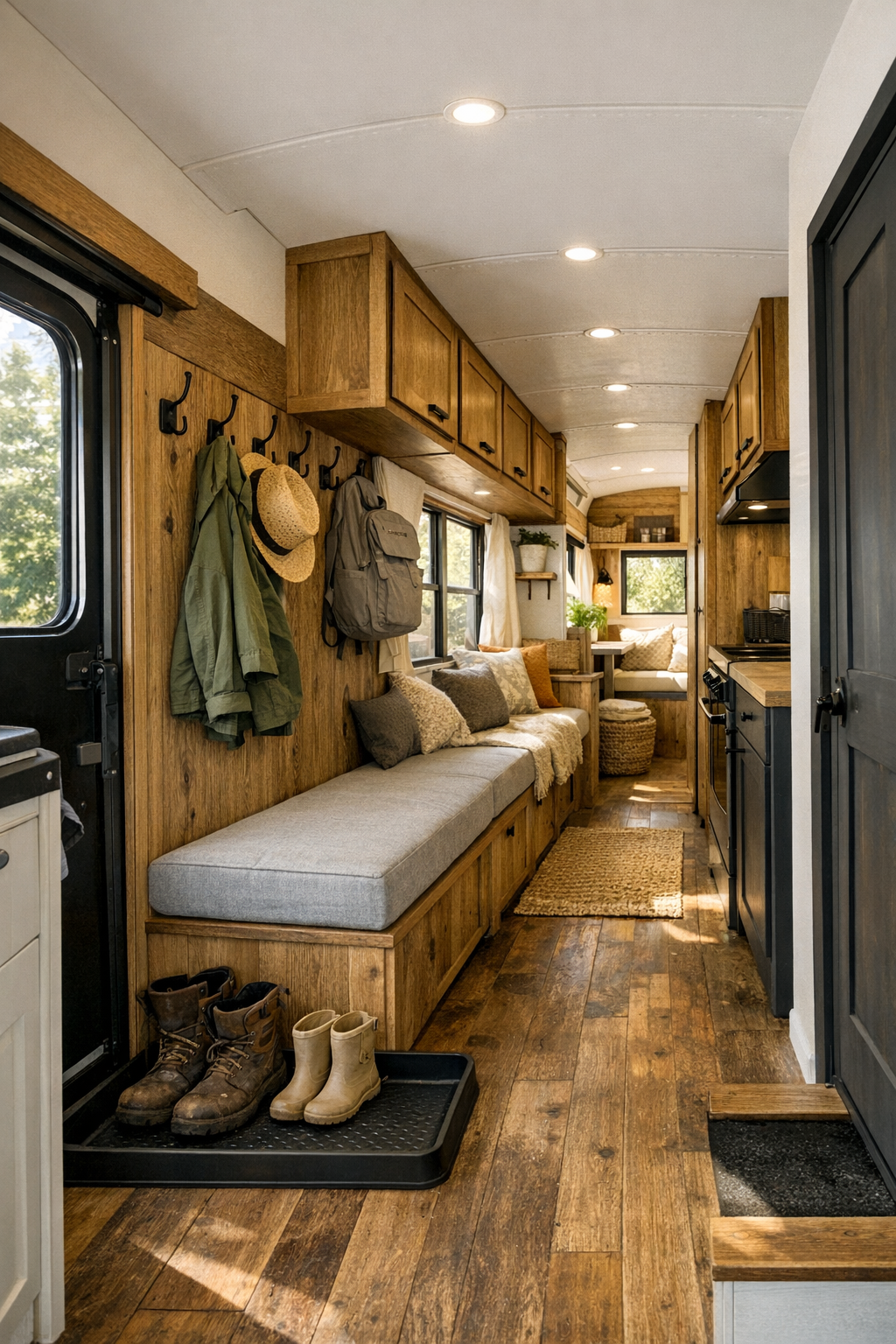 Functional corridor and entry area inside a rustic converted bus