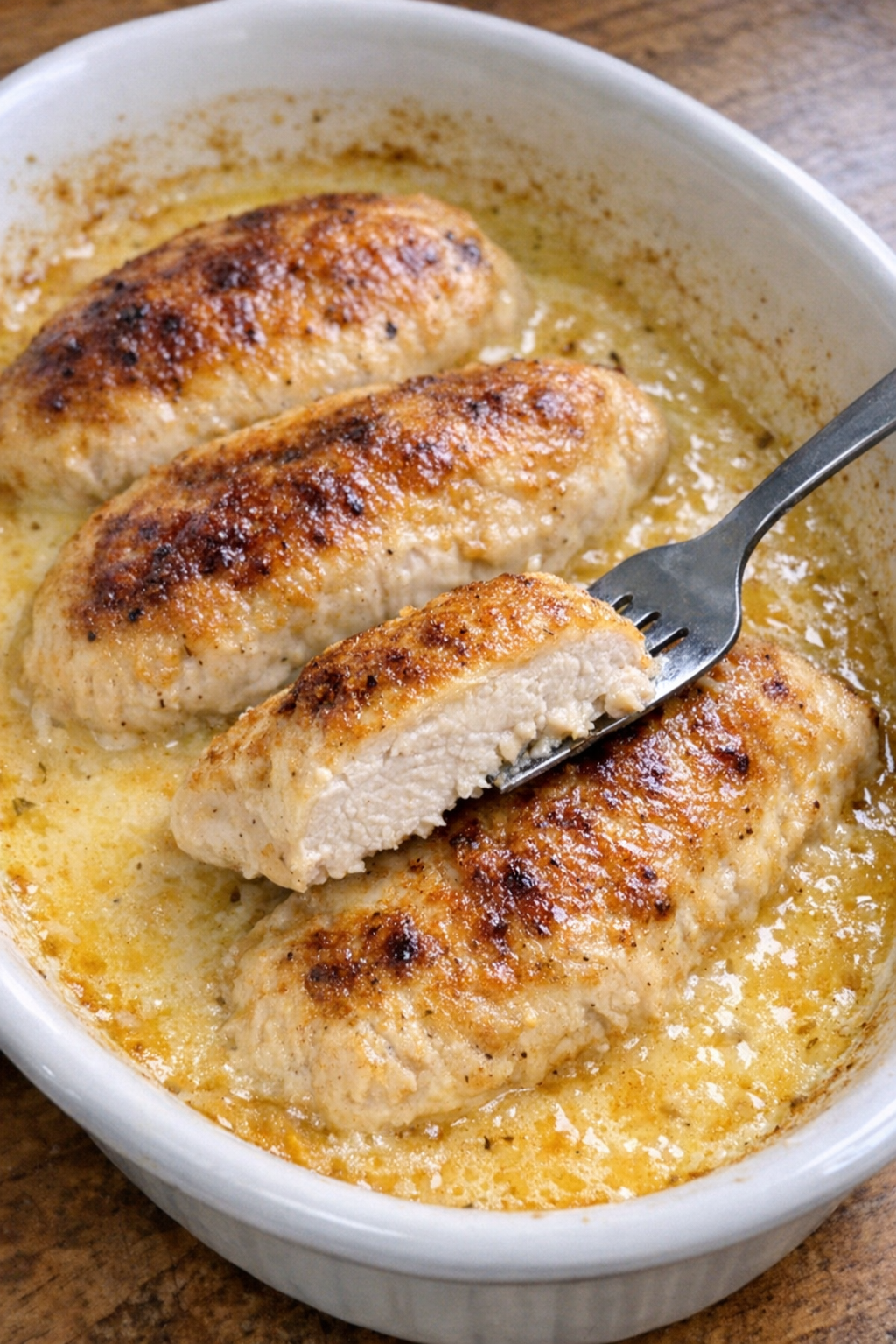 Bronzed chicken breasts in creamy golden sauce