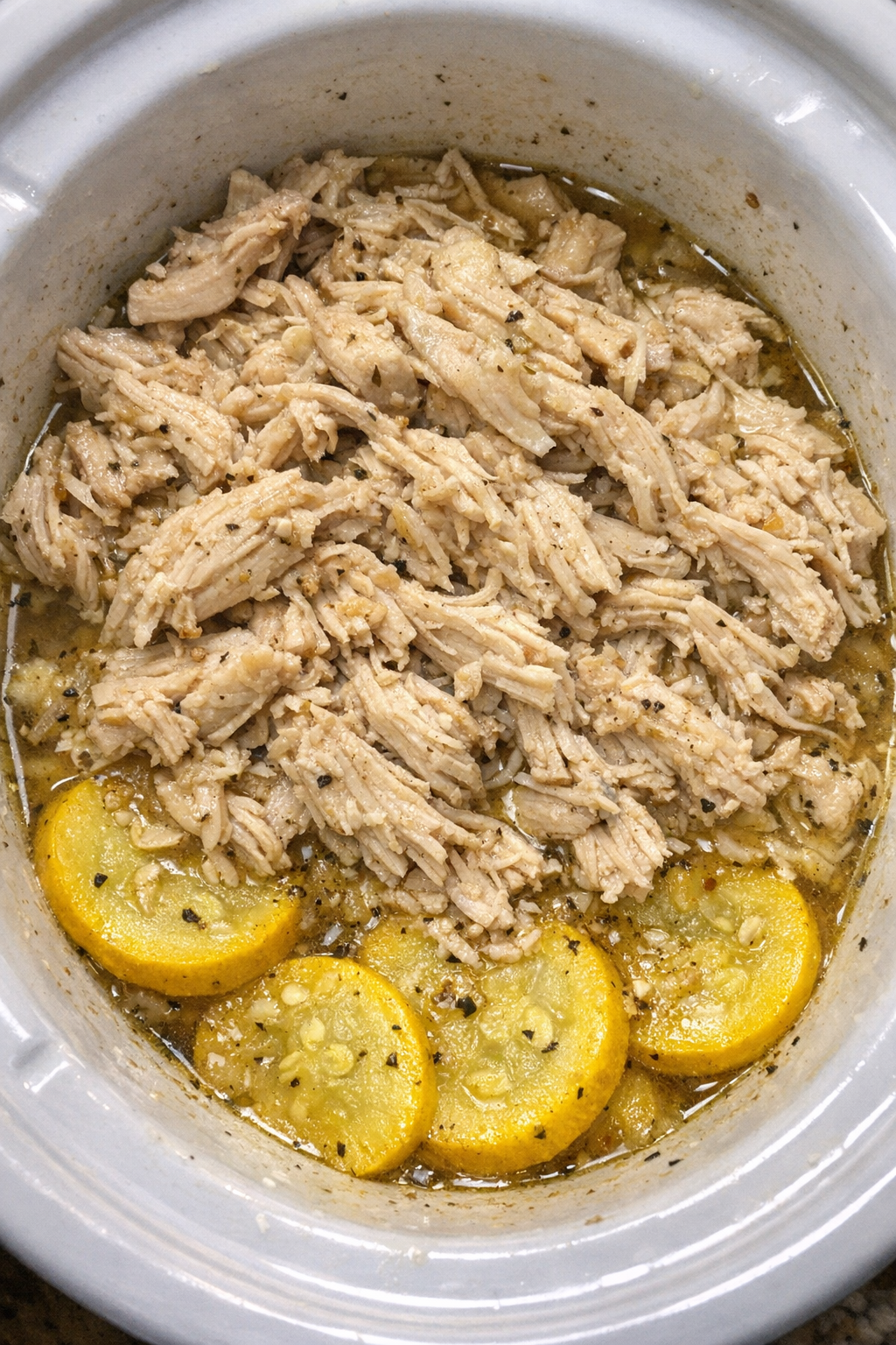 Slow cooker chicken and yellow squash in a white slow cooker