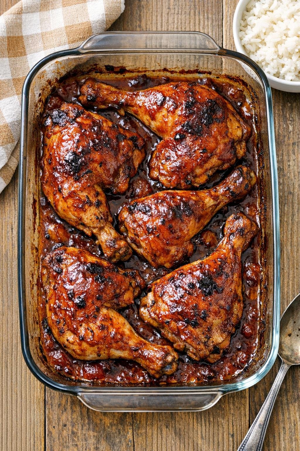 Baked chicken leg quarters in red sauce in a glass casserole dish