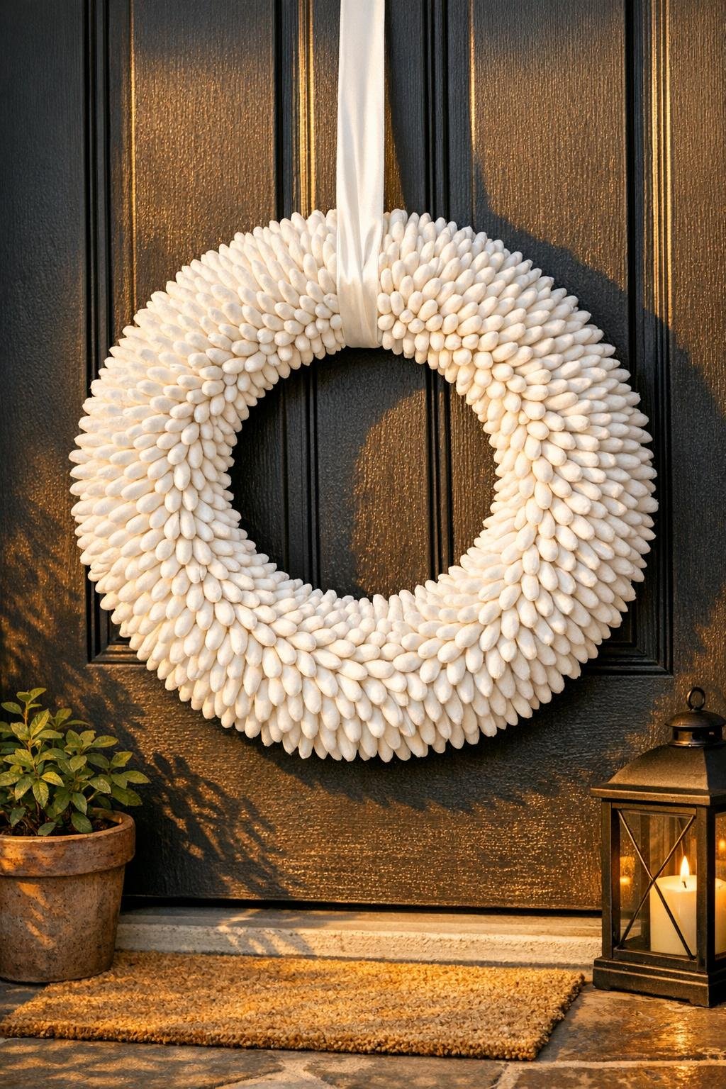 Finished cotton swab chrysanthemum wreath hanging in a styled entryway
