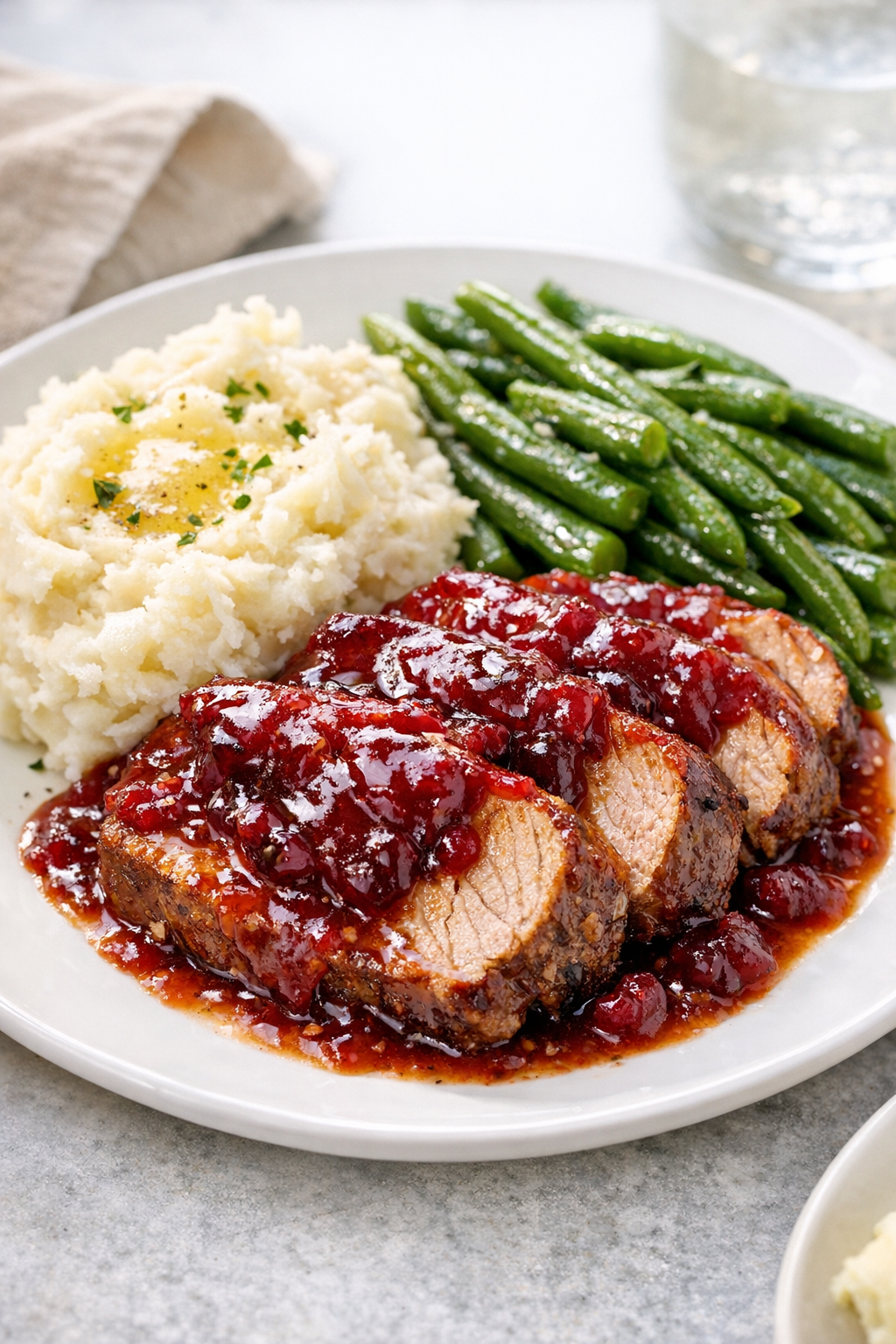 Plated cranberry pork dinner