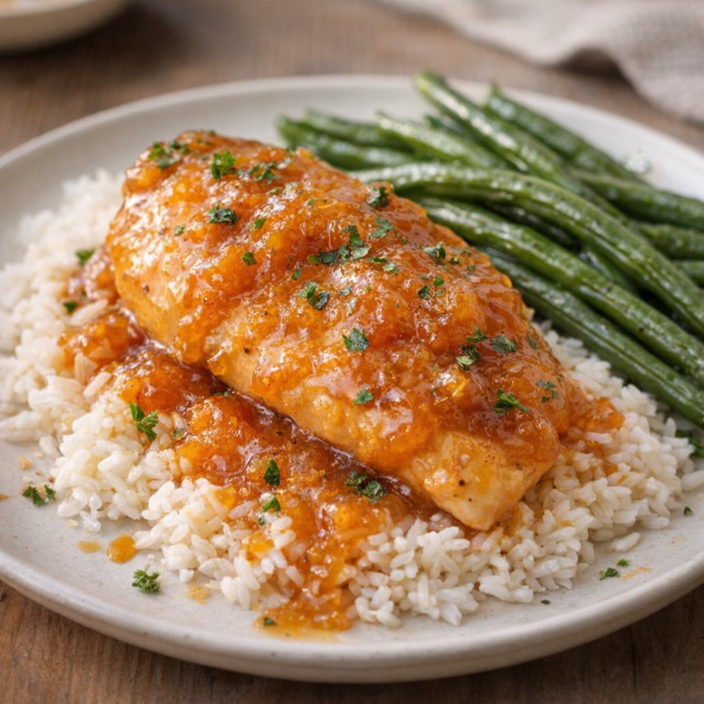Plated apricot chicken over rice with green beans