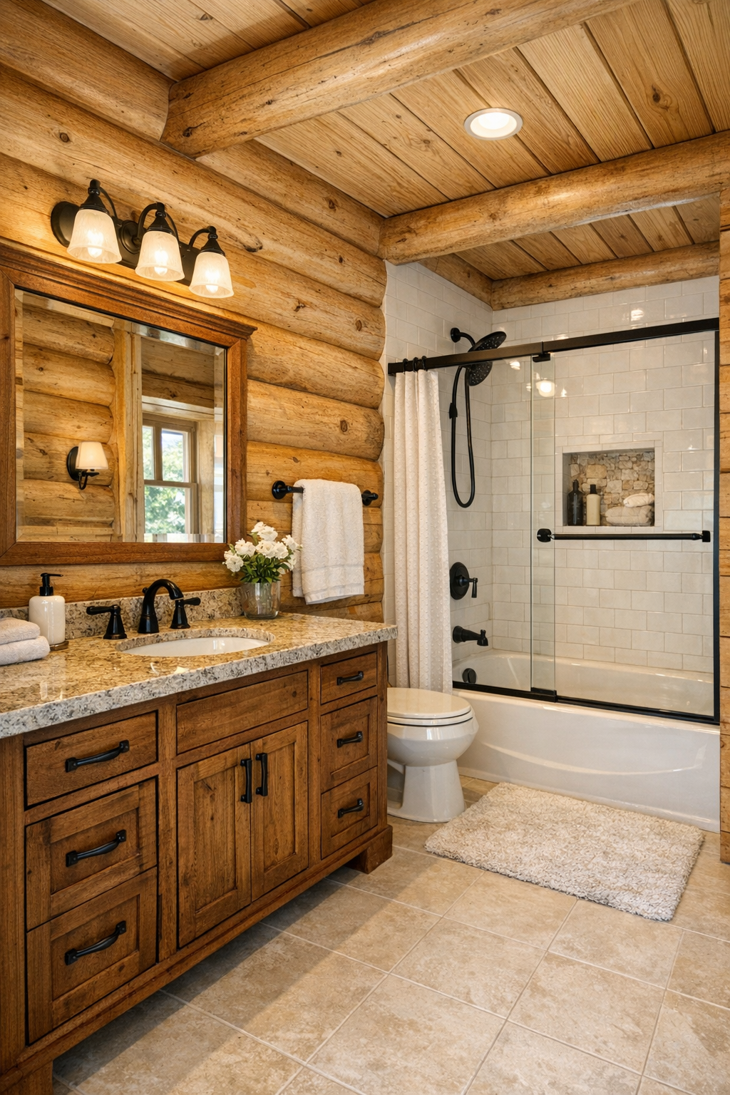 Bright rustic bathroom with wood vanity, stone countertop, and light tile finishes