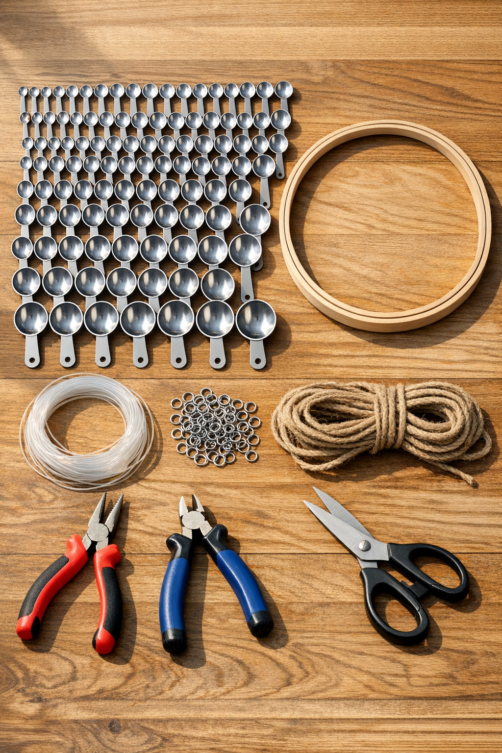 Materials for giant measuring spoon wind chimes laid out on a table