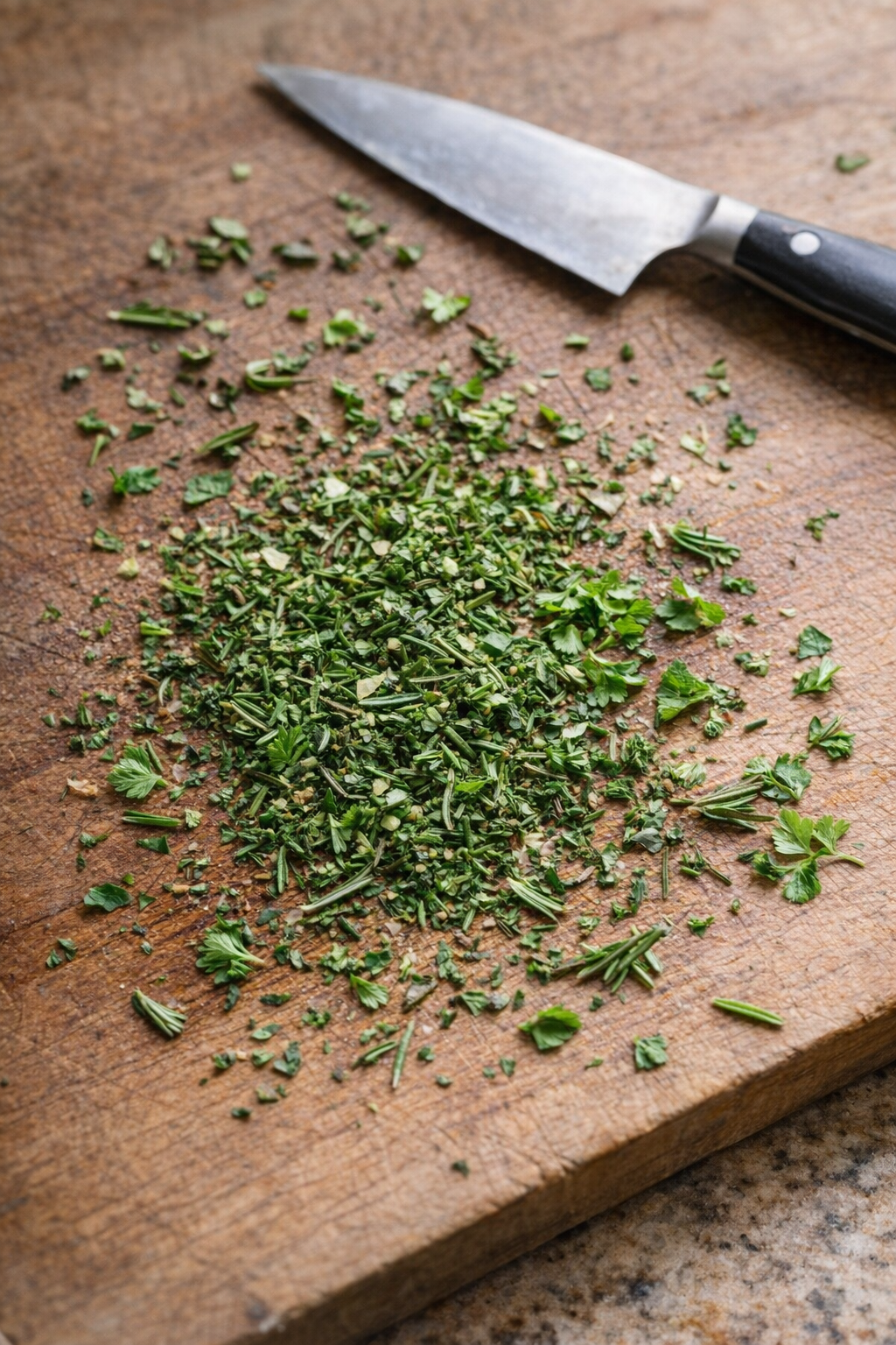 Fresh rosemary, thyme, and parsley chopped on a wooden board