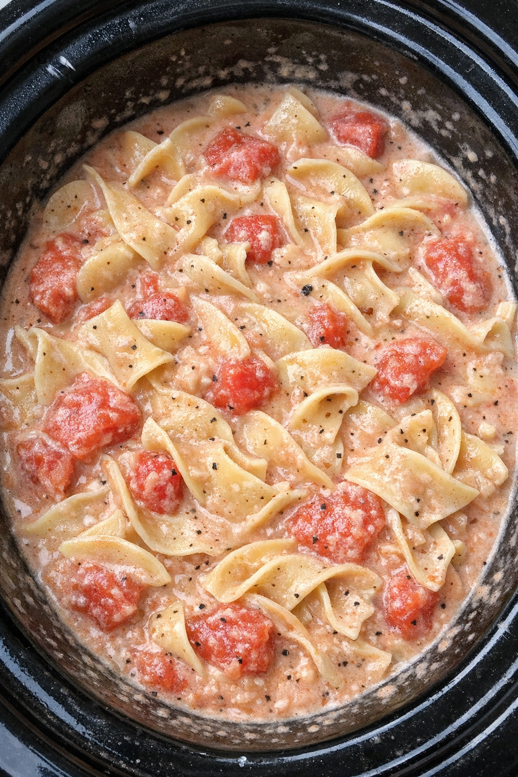 Slow cooker Amish summer tomato cream noodles in a black slow cooker