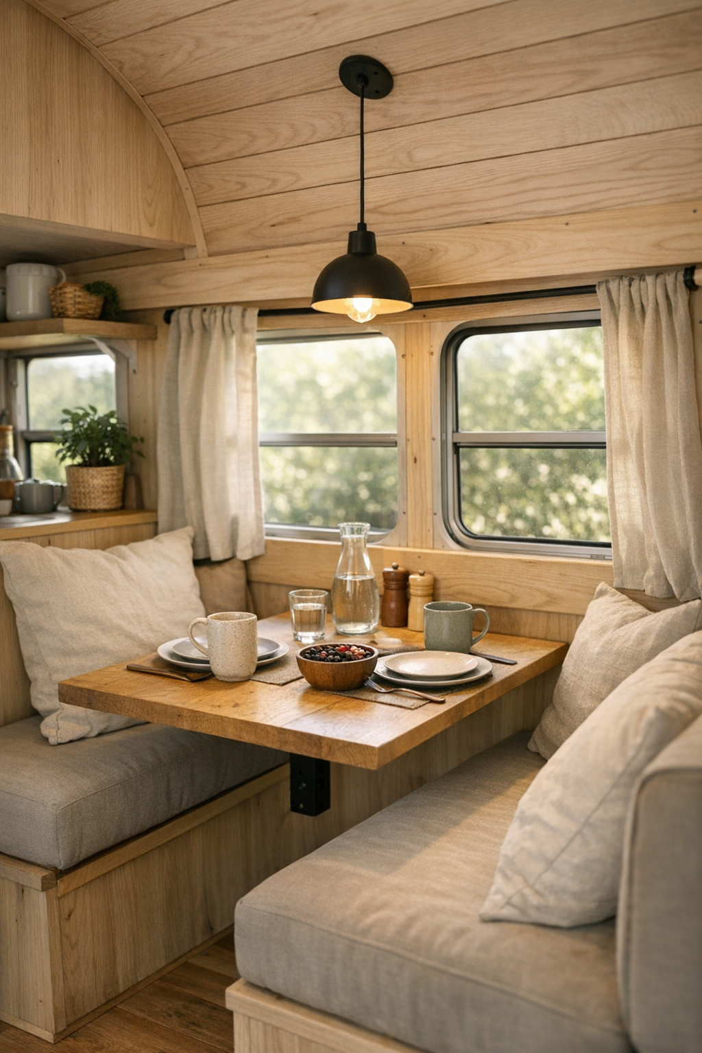 Compact dining nook inside the bus with a built-in table, bench seating, and warm wood finishes