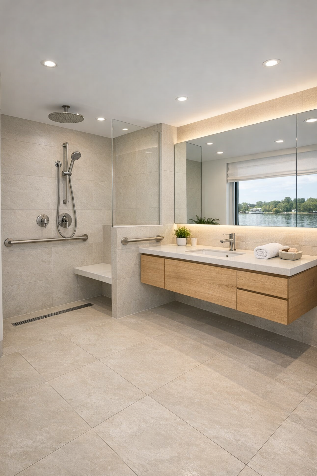 Modern accessible houseboat bathroom with a curbless shower, floating vanity, and pale tile