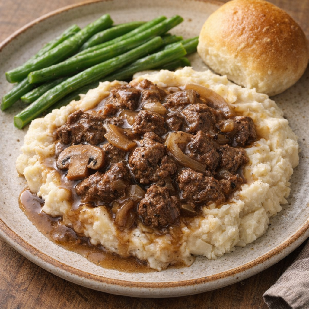 Slow cooker beef supper served over mashed potatoes