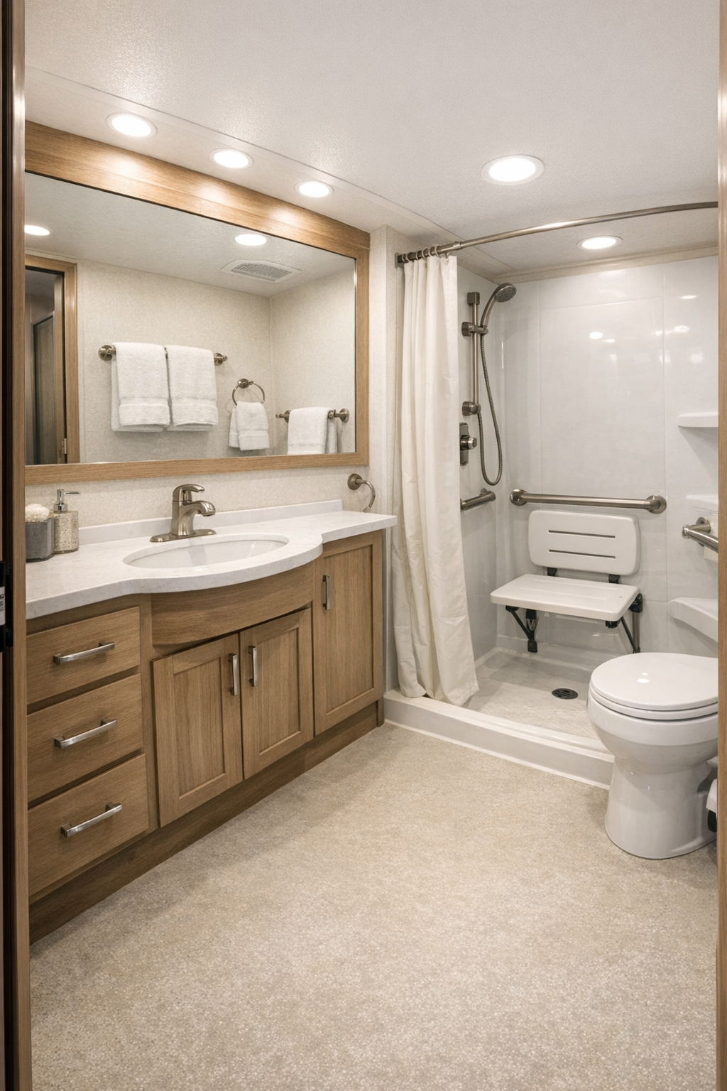 Bright accessible RV bathroom with light wood vanity and low-threshold shower