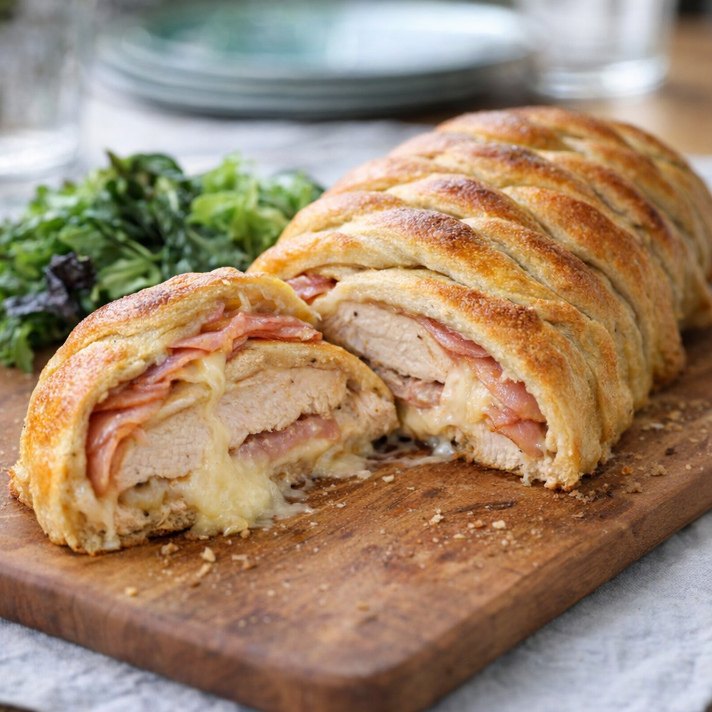 Sliced chicken cordon bleu crescent braid served for lunch
