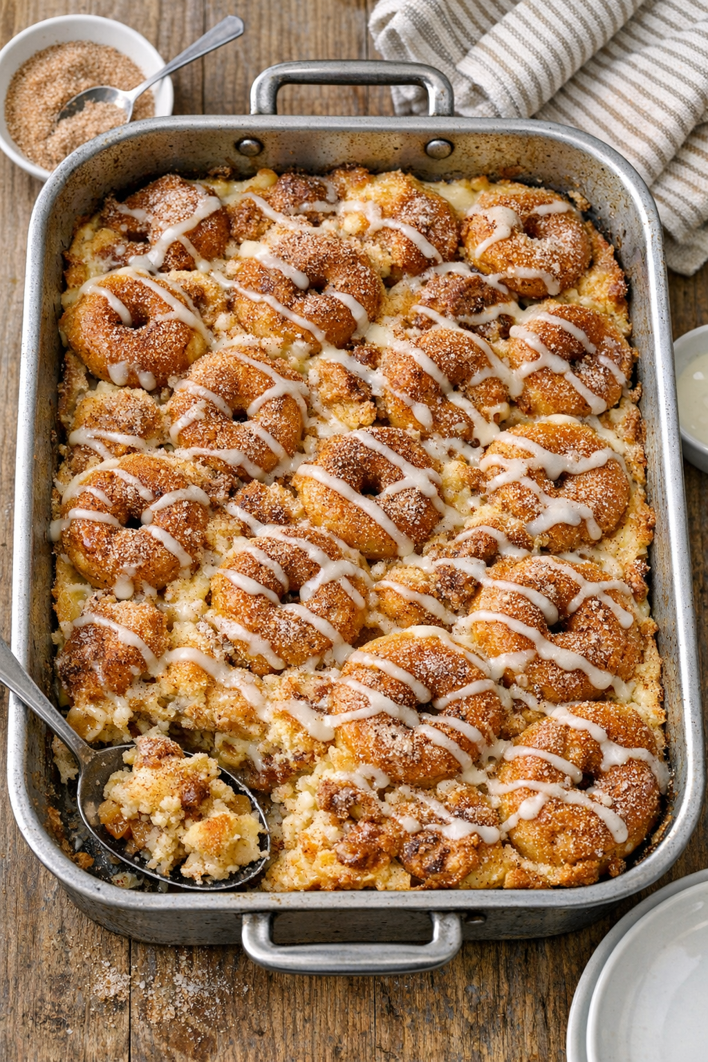 Baked mini donut dessert in a roasting pan