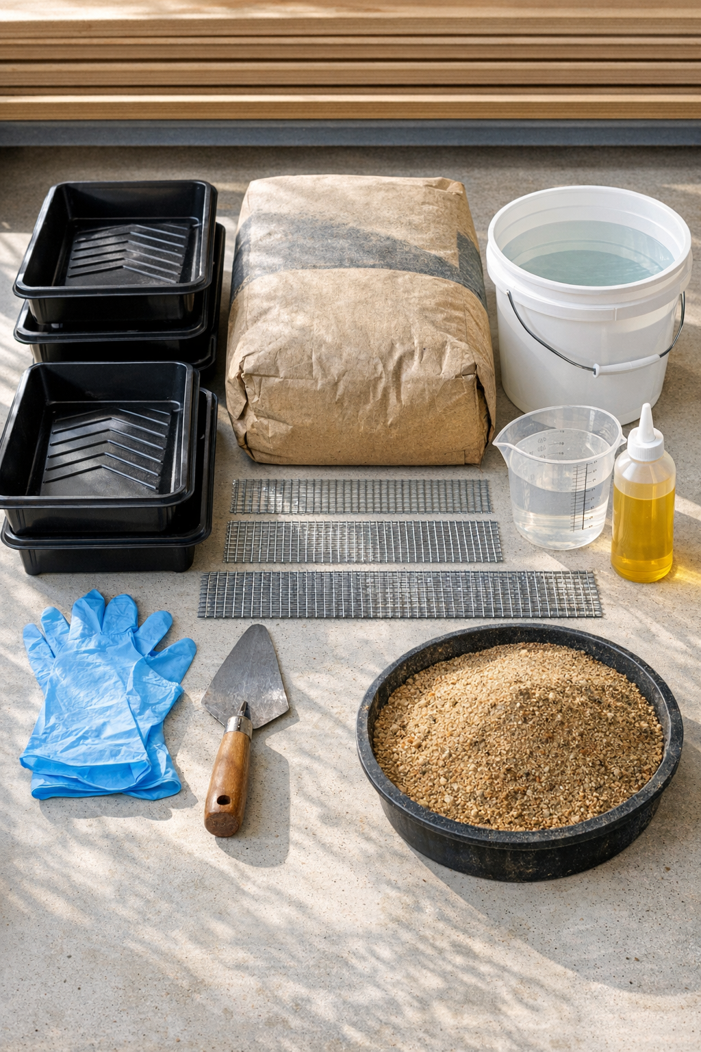 Materials for making a ribbed concrete garden border laid out on a work surface